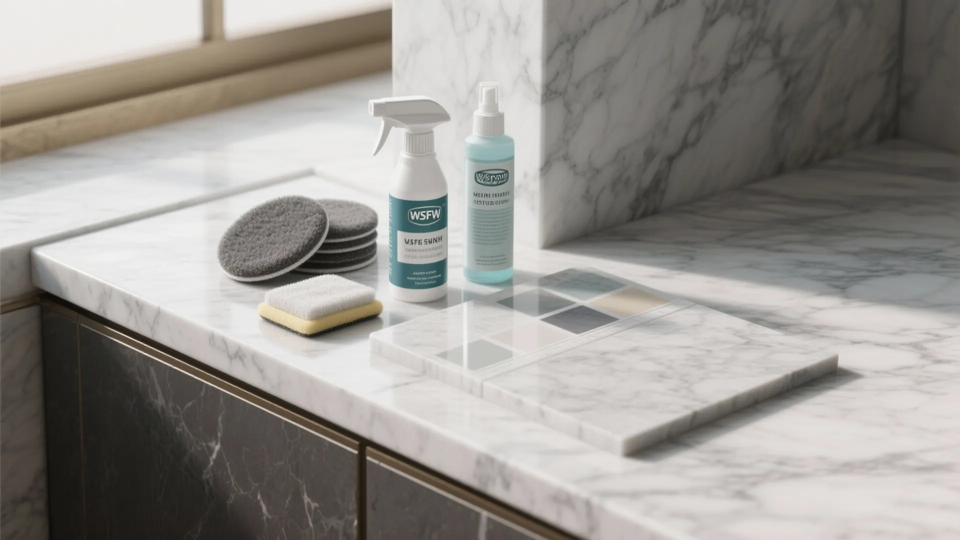 Marble surface cleaning products with spray bottle soap sponge and scrubbing pads on a countertop