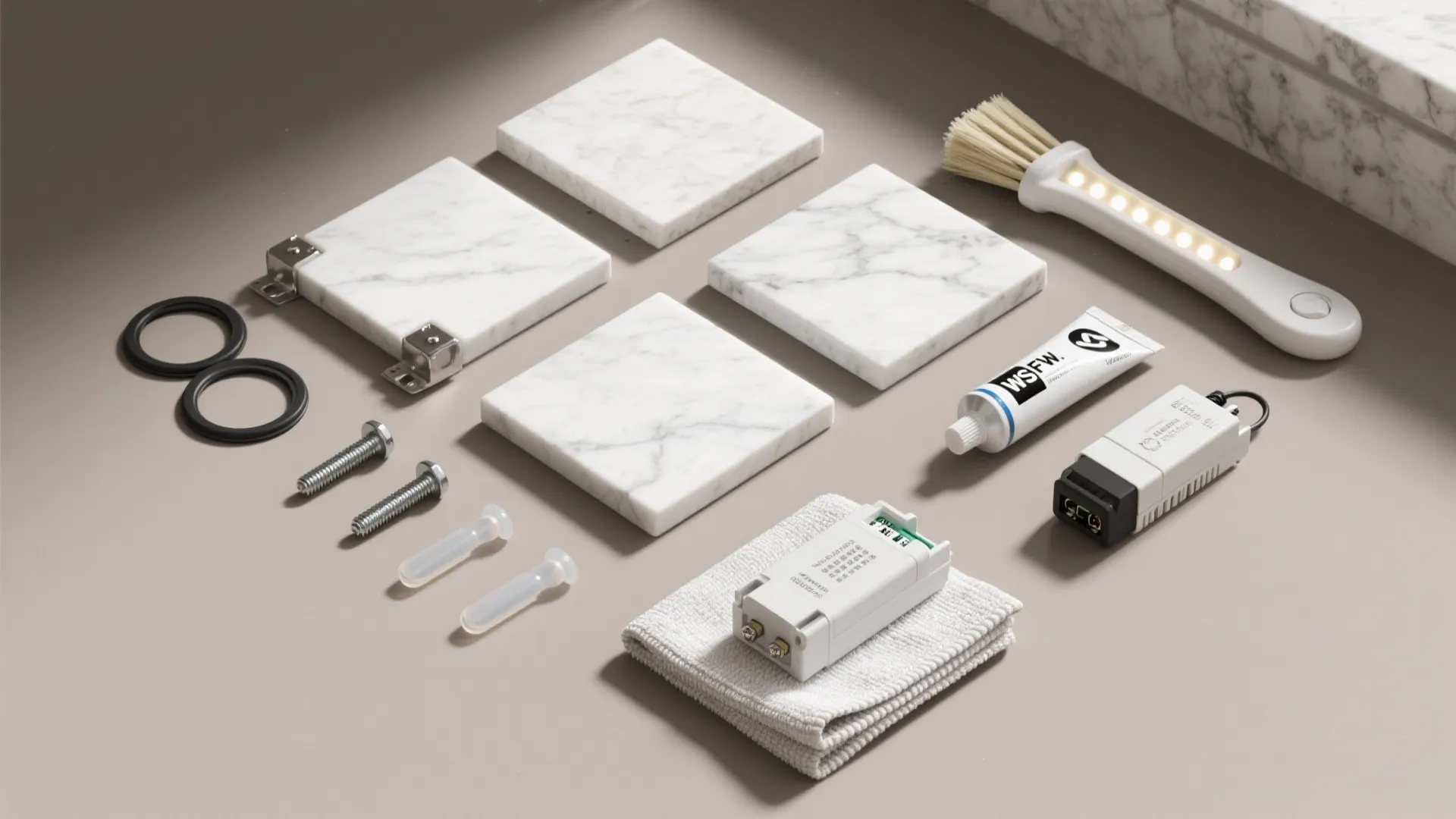 Flat lay of white marble tile samples with cleaning tools and hardware on a beige background