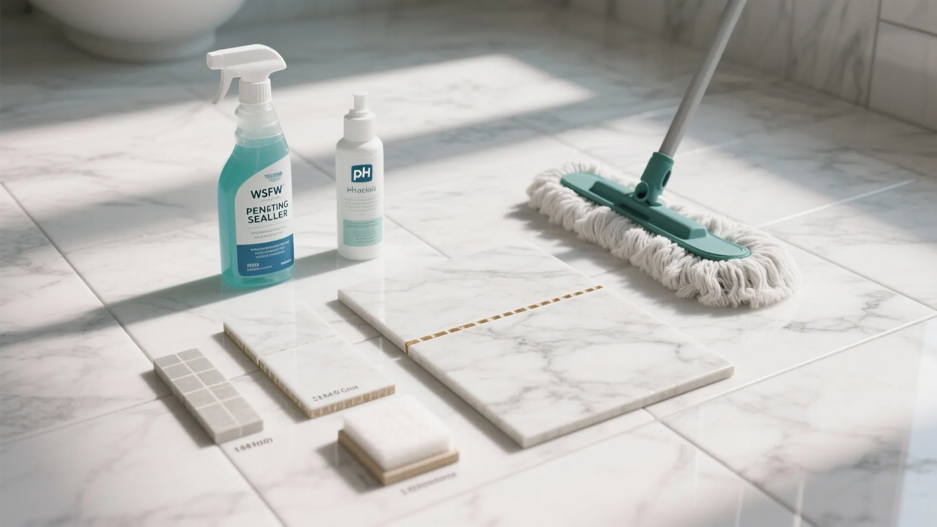 Cleaning products and mop placed on marble floor tiles with small samples of different materials