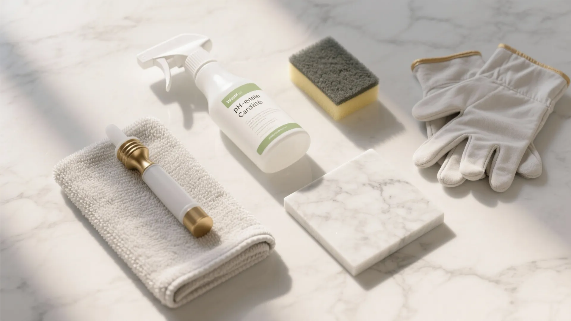 Marble cleaning kit including spray bottle sponge white gloves cloth and small piece of marble stone