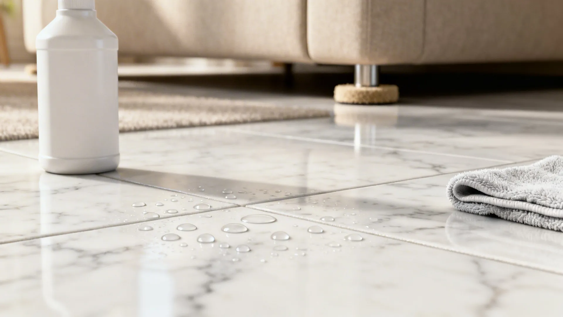 Macro of sealed white marble with water beading and a neutral cleaner and cloth nearby.