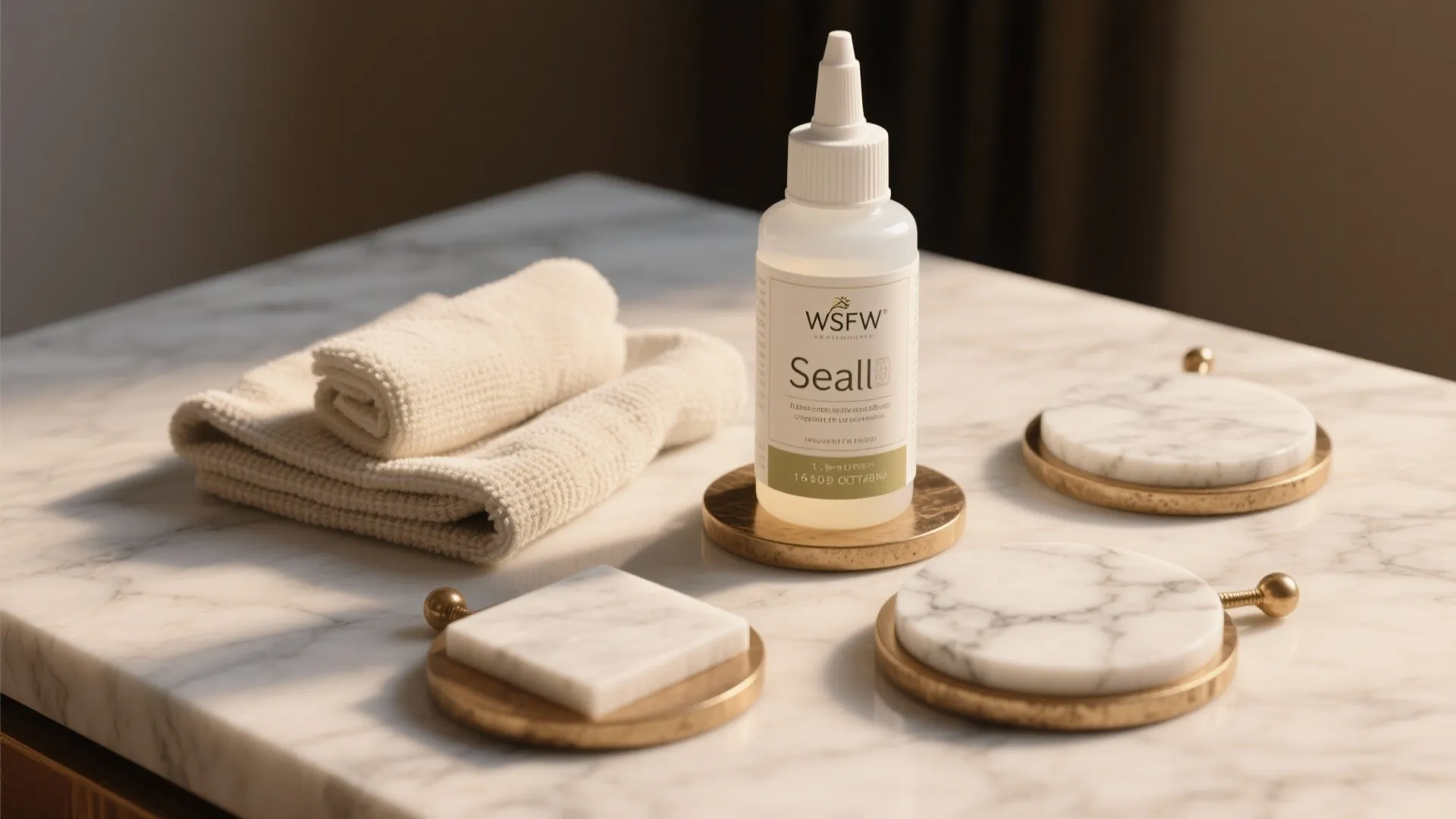 Stone sealer bottle with white towel and marble samples on a clean white marble countertop