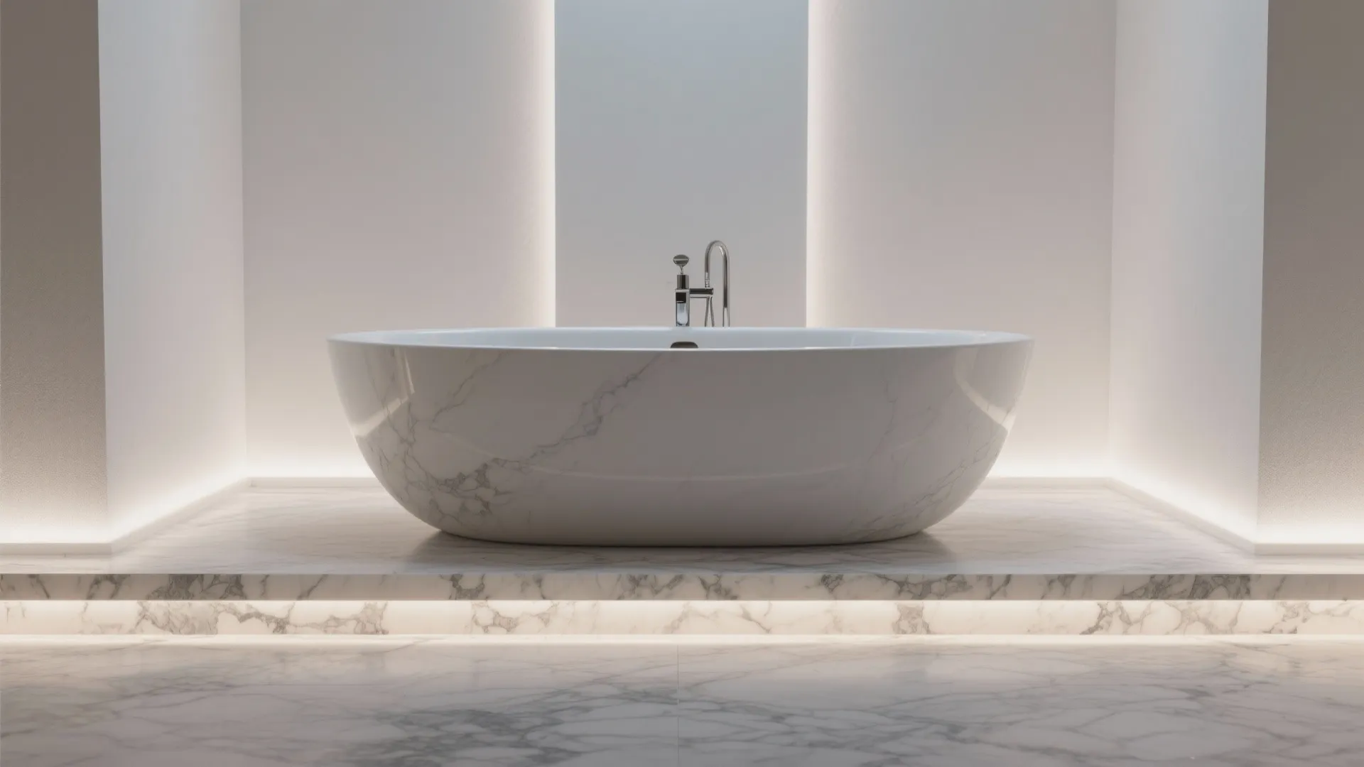 Luxury bathroom interior featuring a marble bathtub on a raised platform with warm hidden lighting