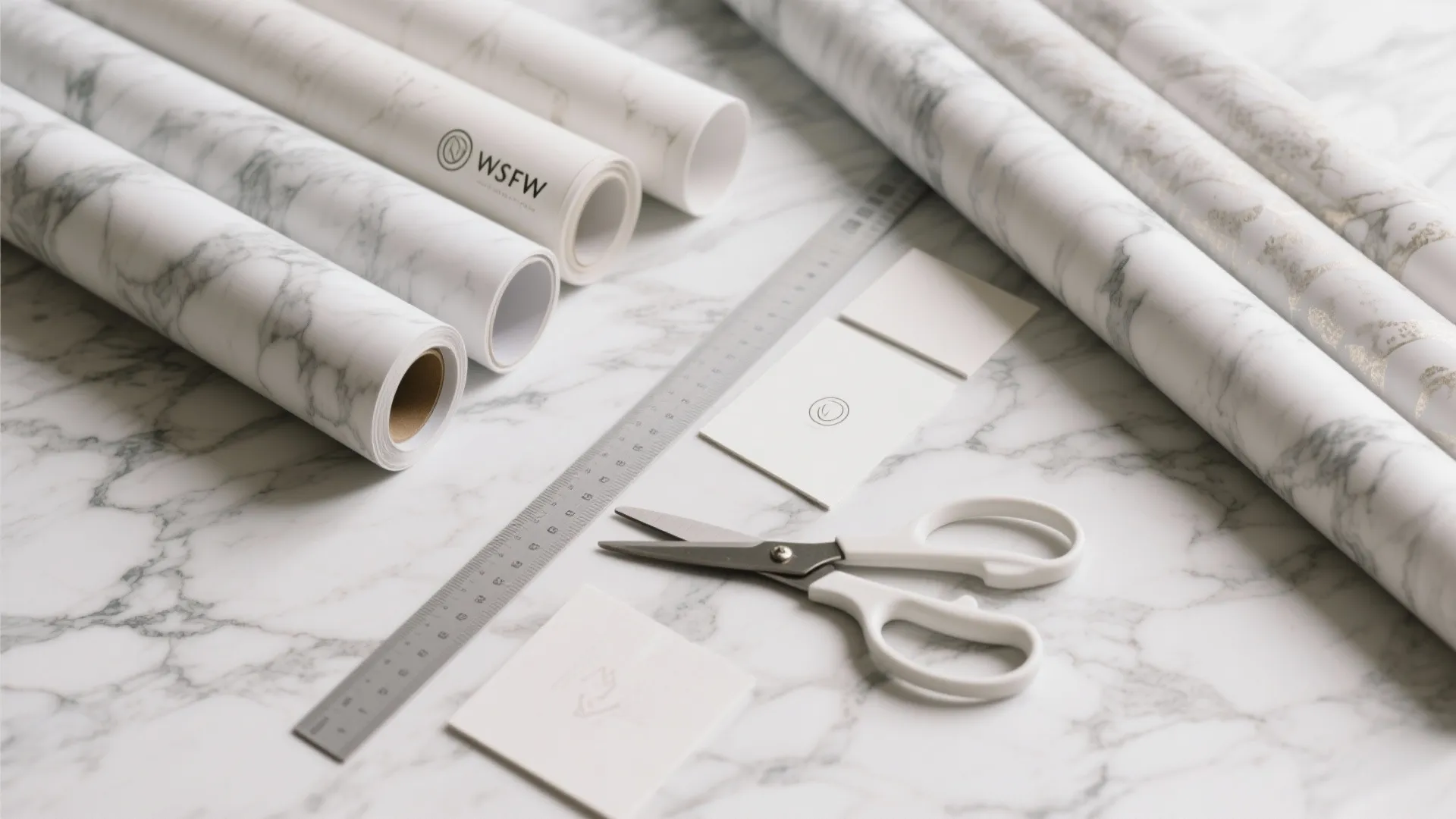 Marble pattern contact paper rolls on a table with scissors a ruler and some cards