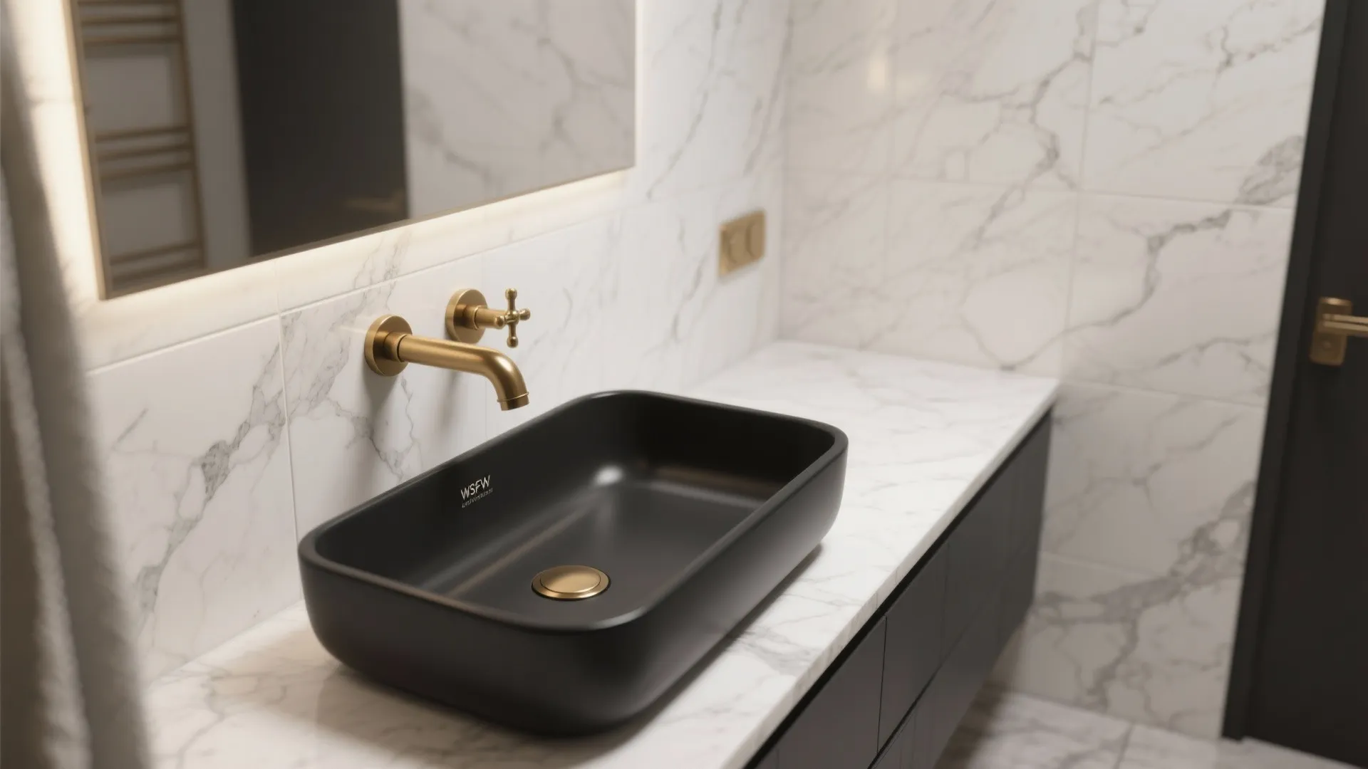 Modern bathroom sink area featuring black basin gold faucet and white marble wall tile design