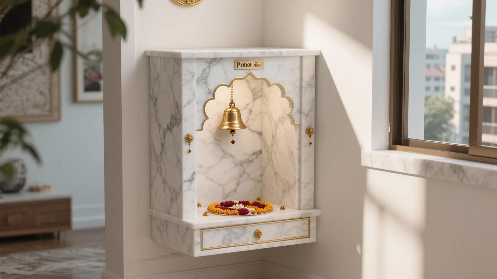 White marble wall cabinet with a small gold bell hanging inside near a large window