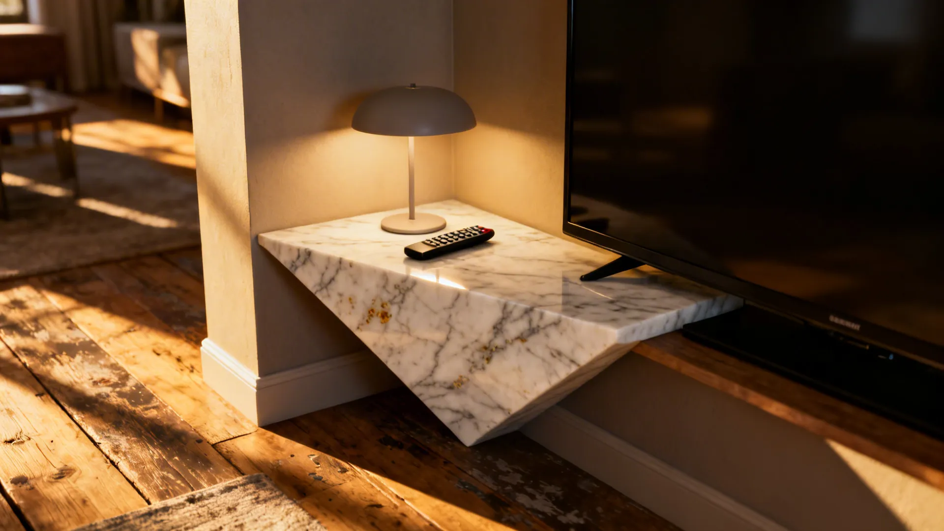 Triangular marble corner table in a TV corner holding a lamp and remotes.