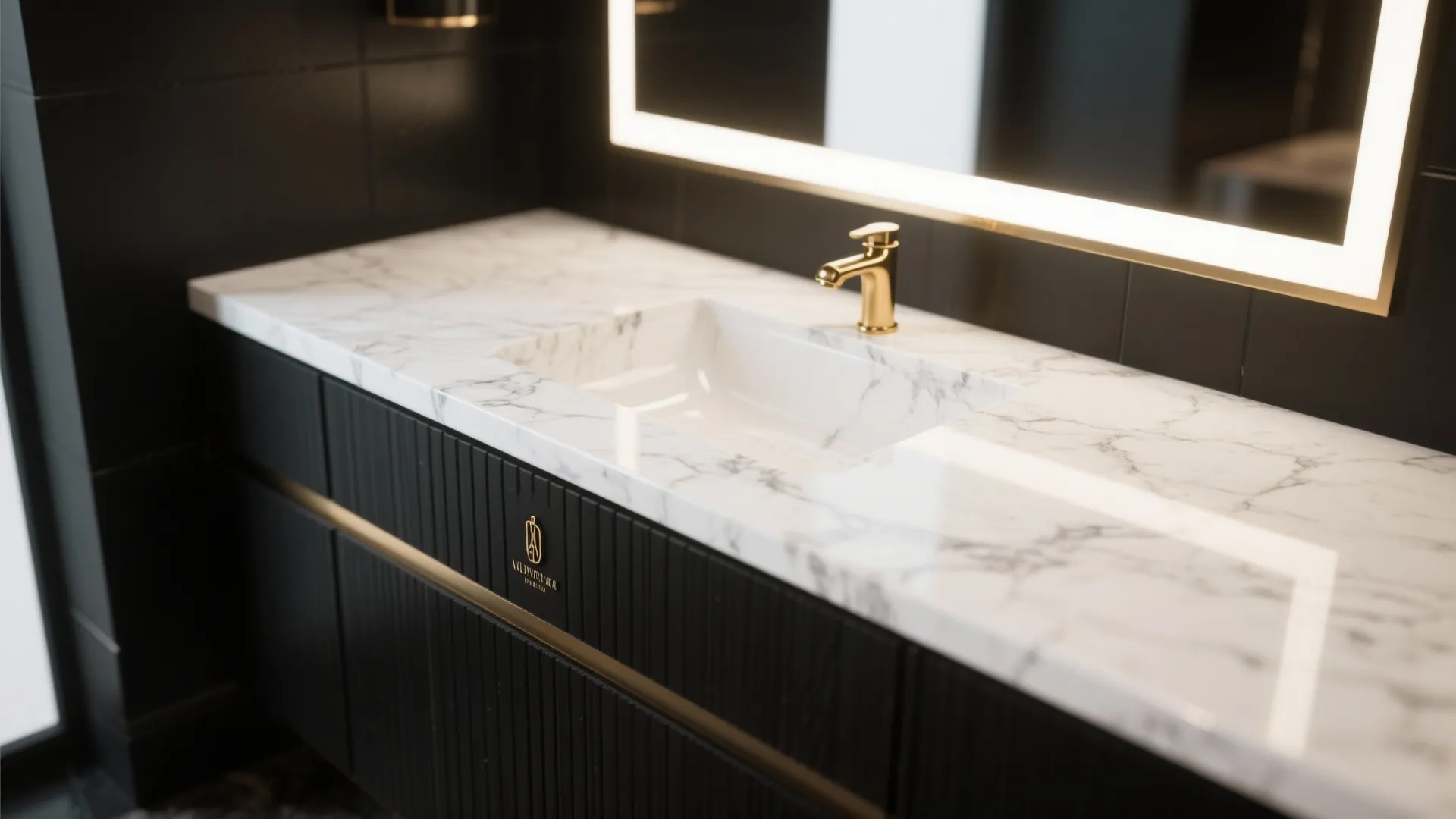 Close up of white marble counter with gold water tap and glowing wall mirror light