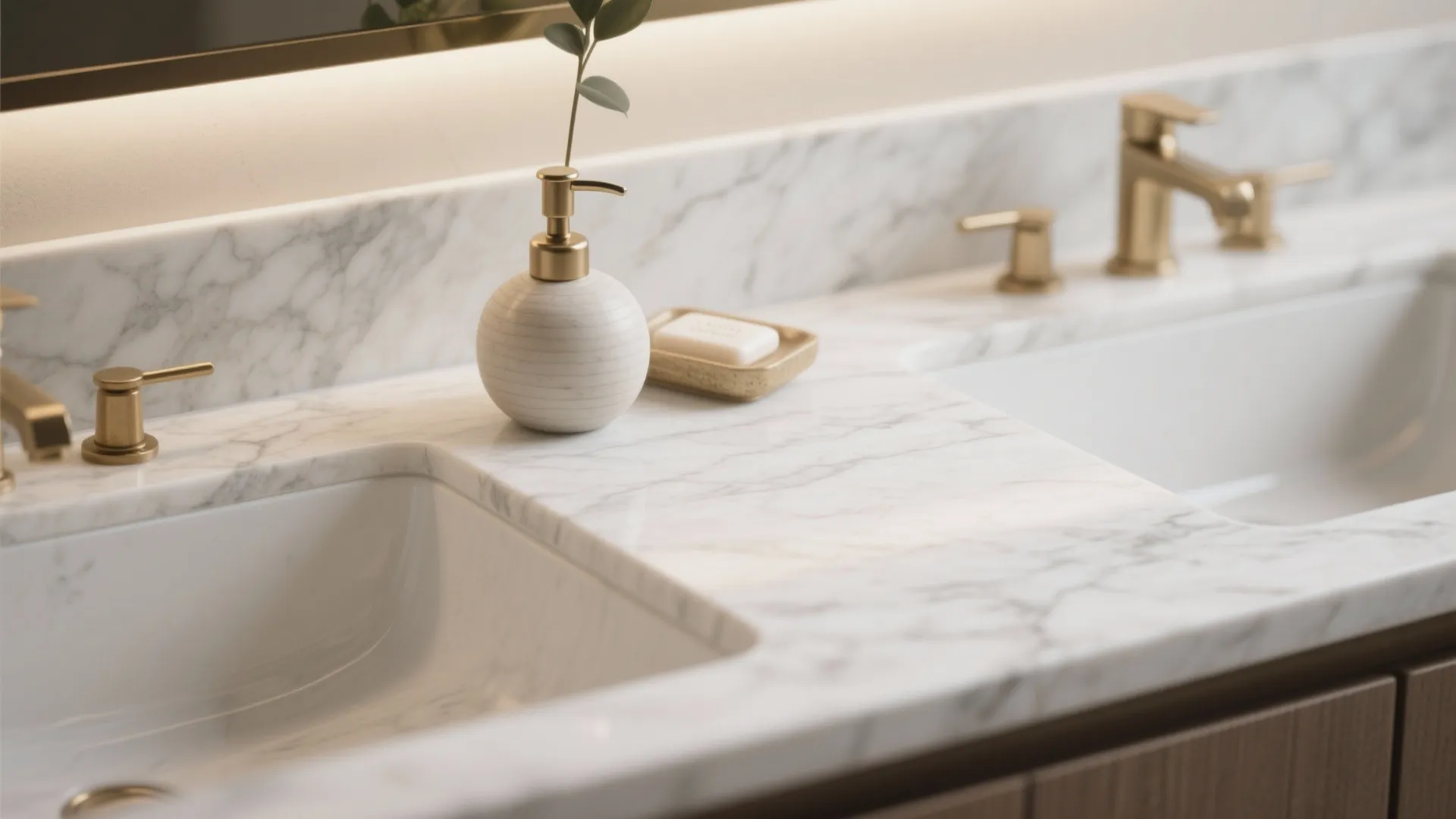 Modern marble bathroom counter with double sinks gold faucets soap dispenser and white bar of soap
