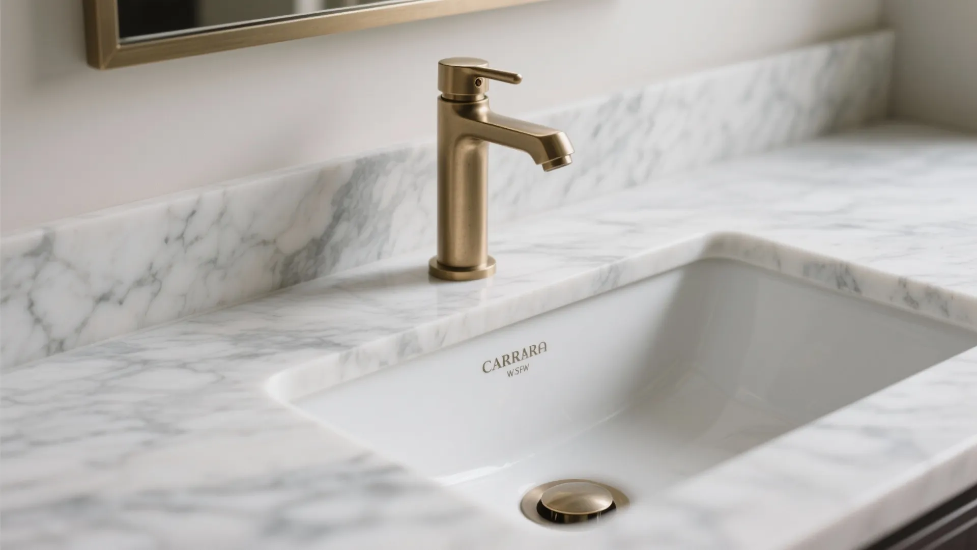 Modern bathroom with white marble countertop a gold water tap and a white square sink