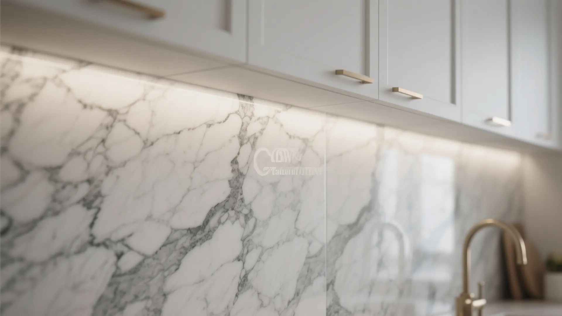Close up of marble wall panel with under cabinet light fixture and gold kitchen sink faucet