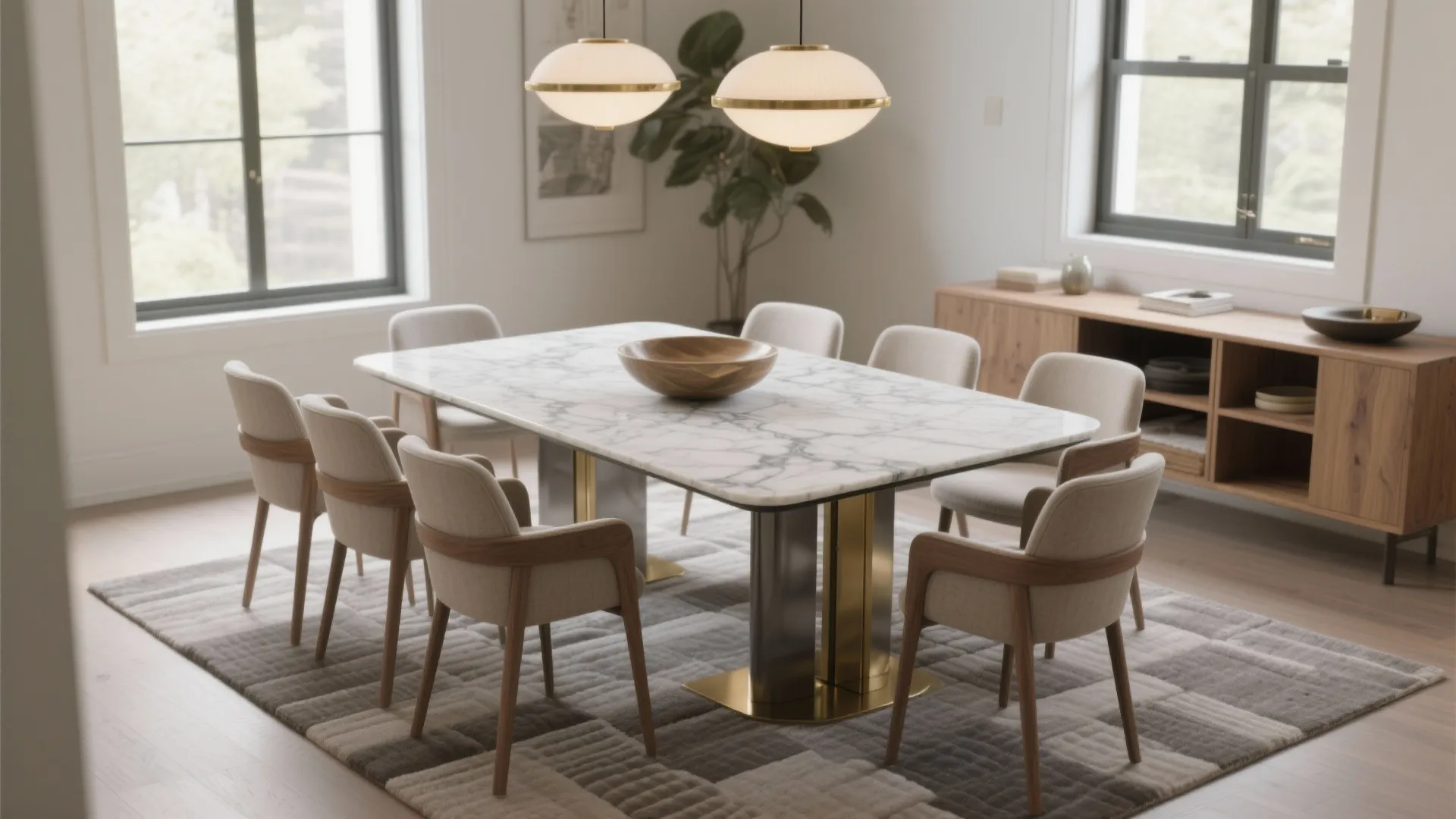 Modern marble dining table with grey chairs, two ceiling lights, wooden cabinet, and natural light