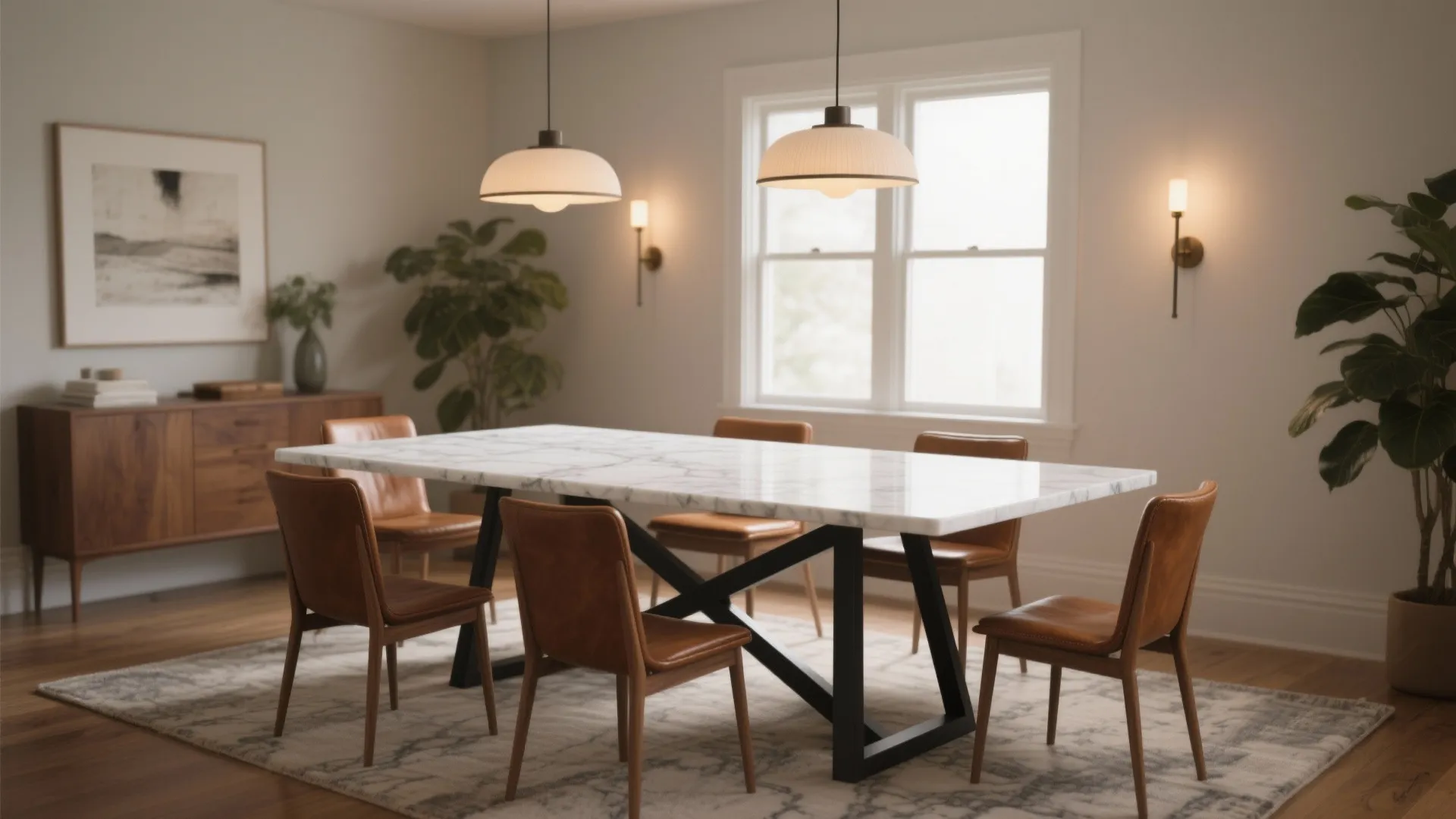 Modern dining room featuring marble table brown leather chairs two ceiling lights and green plants