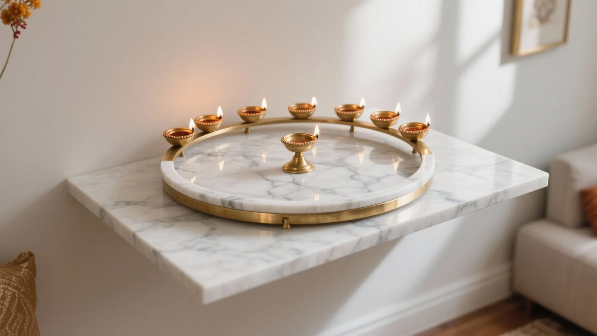Marble wall shelf featuring a circular metal rail holding many small burning oil light lamps