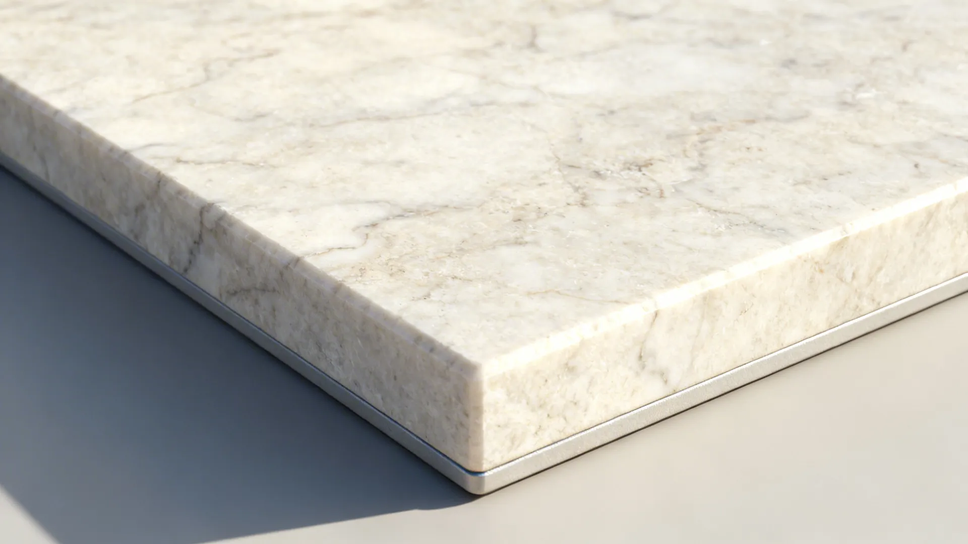 Macro of eased and small bevel edge profiles on a 20 mm light marble slab