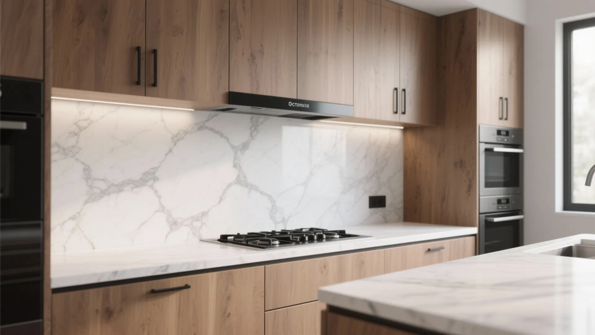 Modern kitchen featuring wood cabinets marble wall surface gas stove and built in oven appliance design