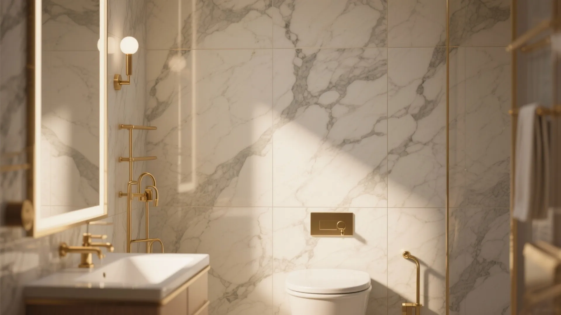 Modern bathroom with white marble wall tiles gold faucets white sink toilet and warm wall light