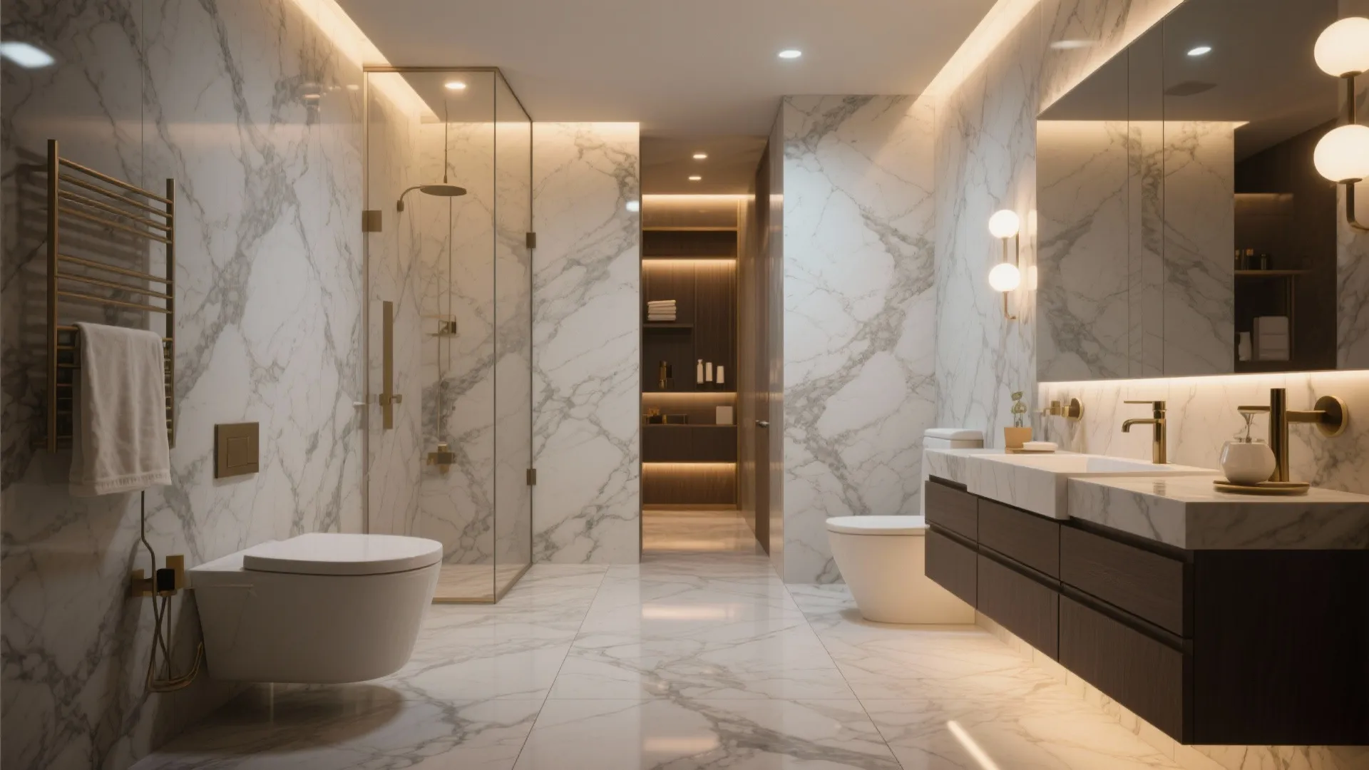 Modern marble bathroom with glass shower door gold faucets white toilet and large wood vanity cabinet