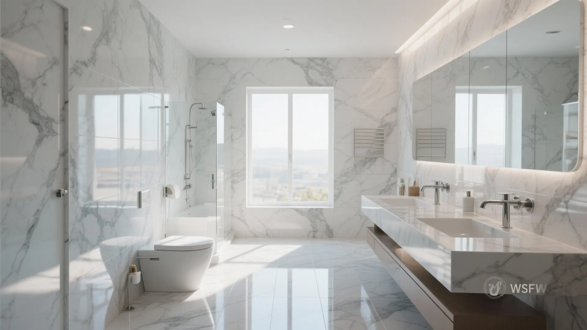 White marble bathroom with double sinks large mirror toilet glass shower and bright center window