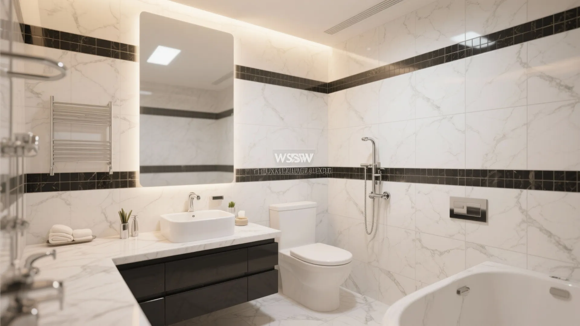 Luxurious bathroom with marble-effect tiles and black borders