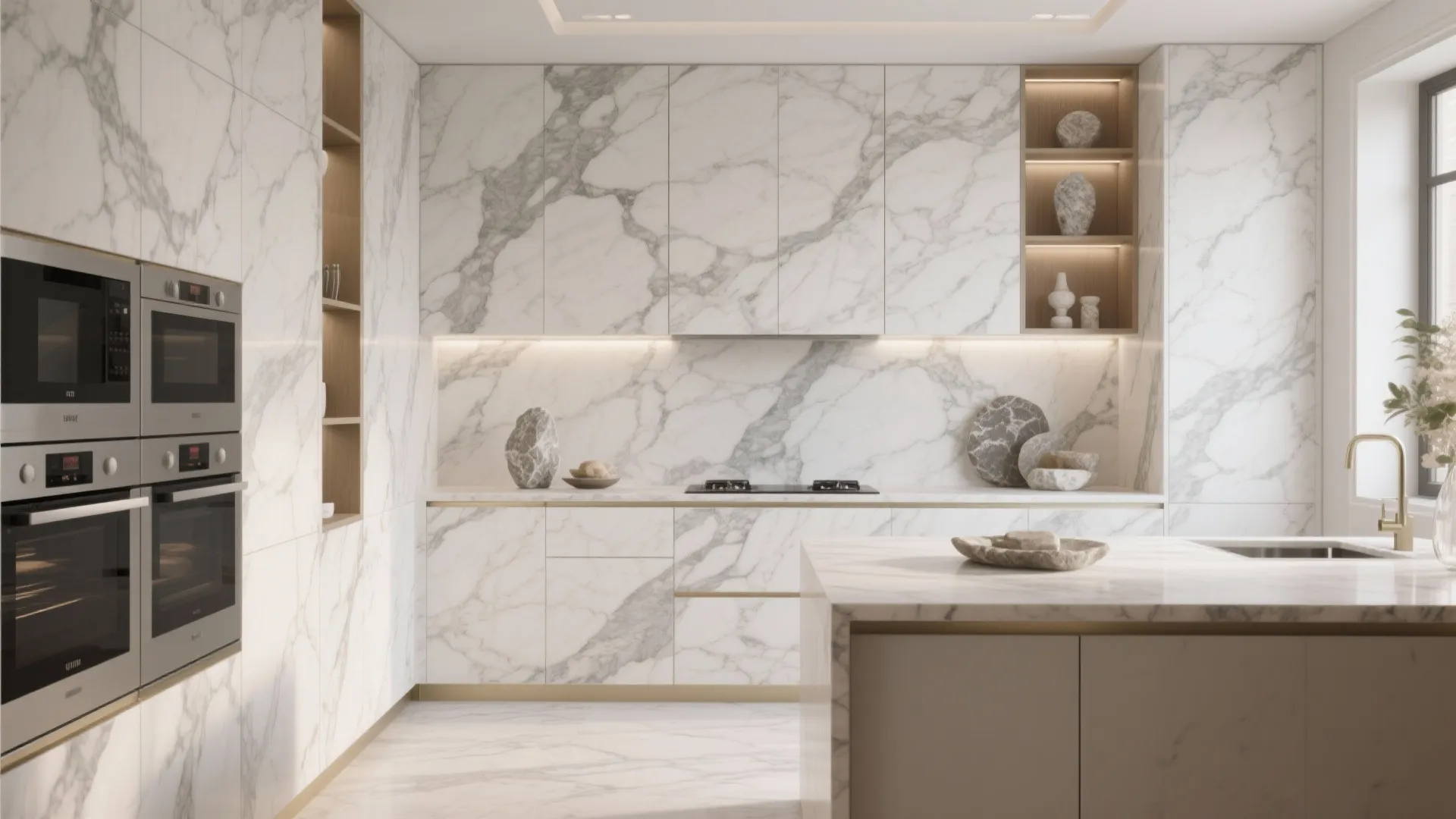 Modern kitchen featuring white marble cabinets gold accents a large island and double wall ovens