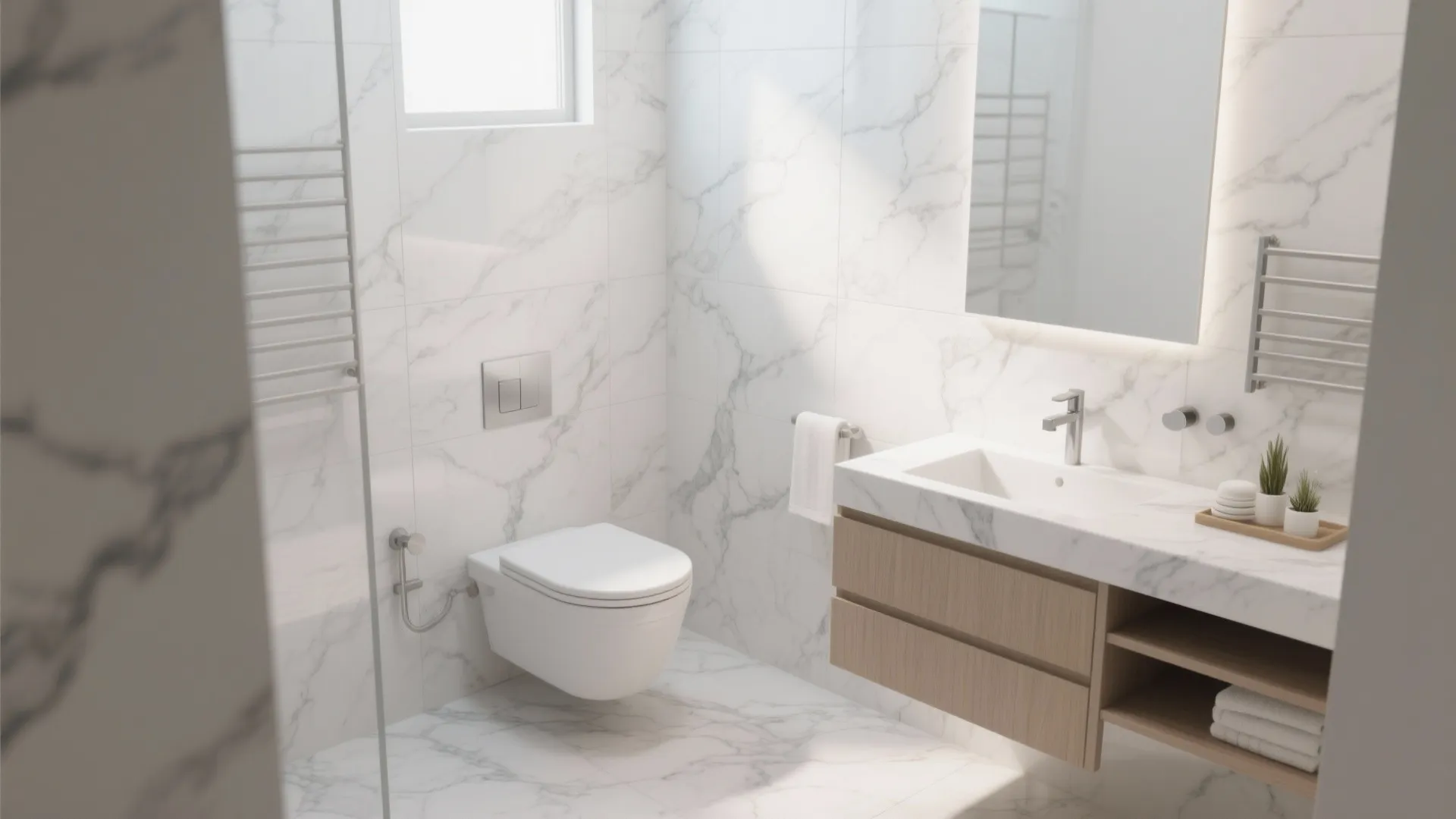 Modern bathroom with marble wall tiles featuring a hanging white toilet and wooden sink cabinet