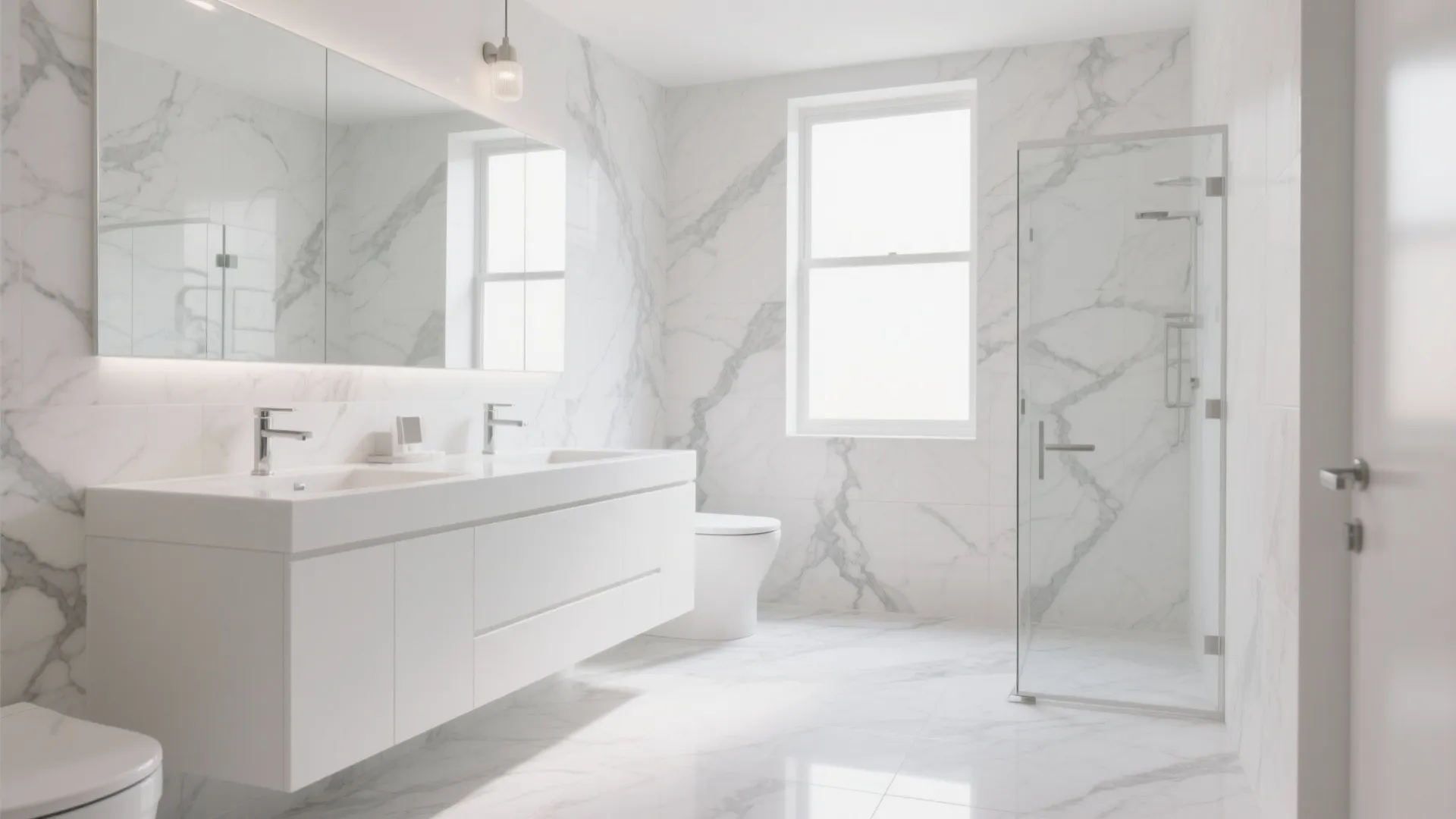 White vanity paired with porcelain tiles mimicking marble veining