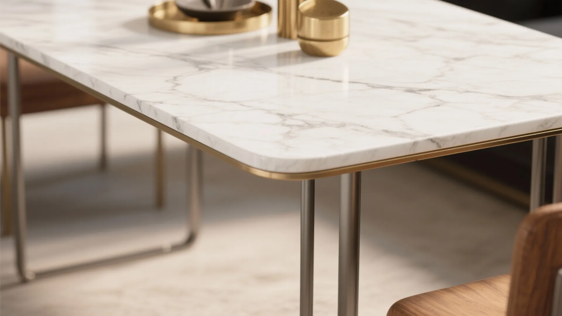 4. White Marble-Effect Tabletop with Slim Metal Legs