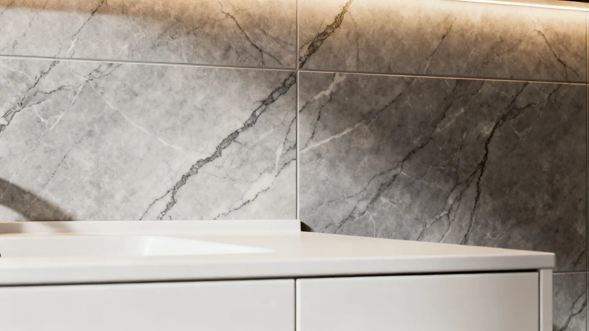 3. Marble-Effect Grey Vein Tiles with White Cabinets