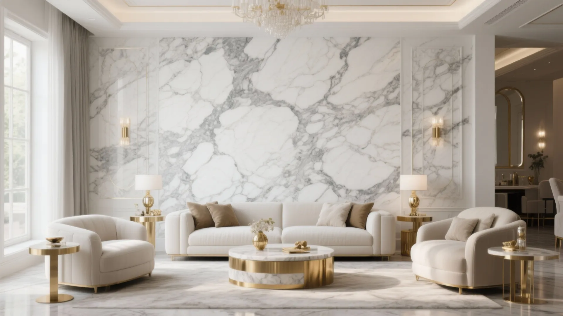 Luxurious white living room with large marble wall panel gold coffee table and ceiling light