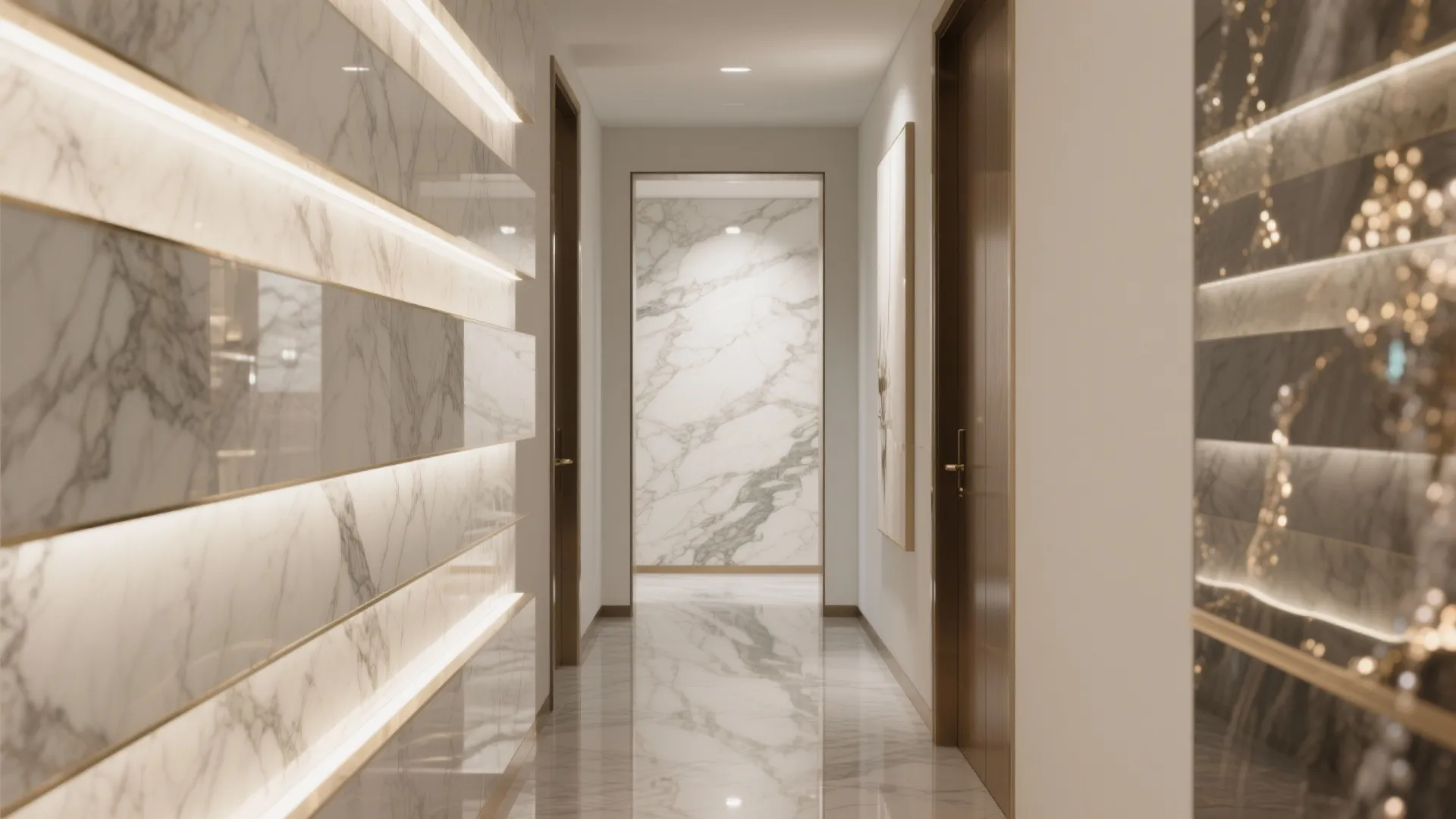 Narrow hallway with a high-gloss marbleized epoxy accent wall showing deep layered veins and reflective sheen.