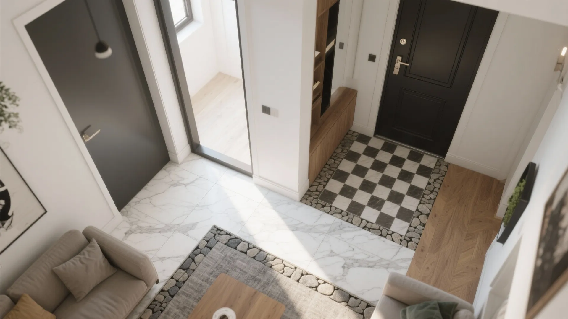 Modern home entrance with marble floor black front door checkered tile pattern and grey sofa