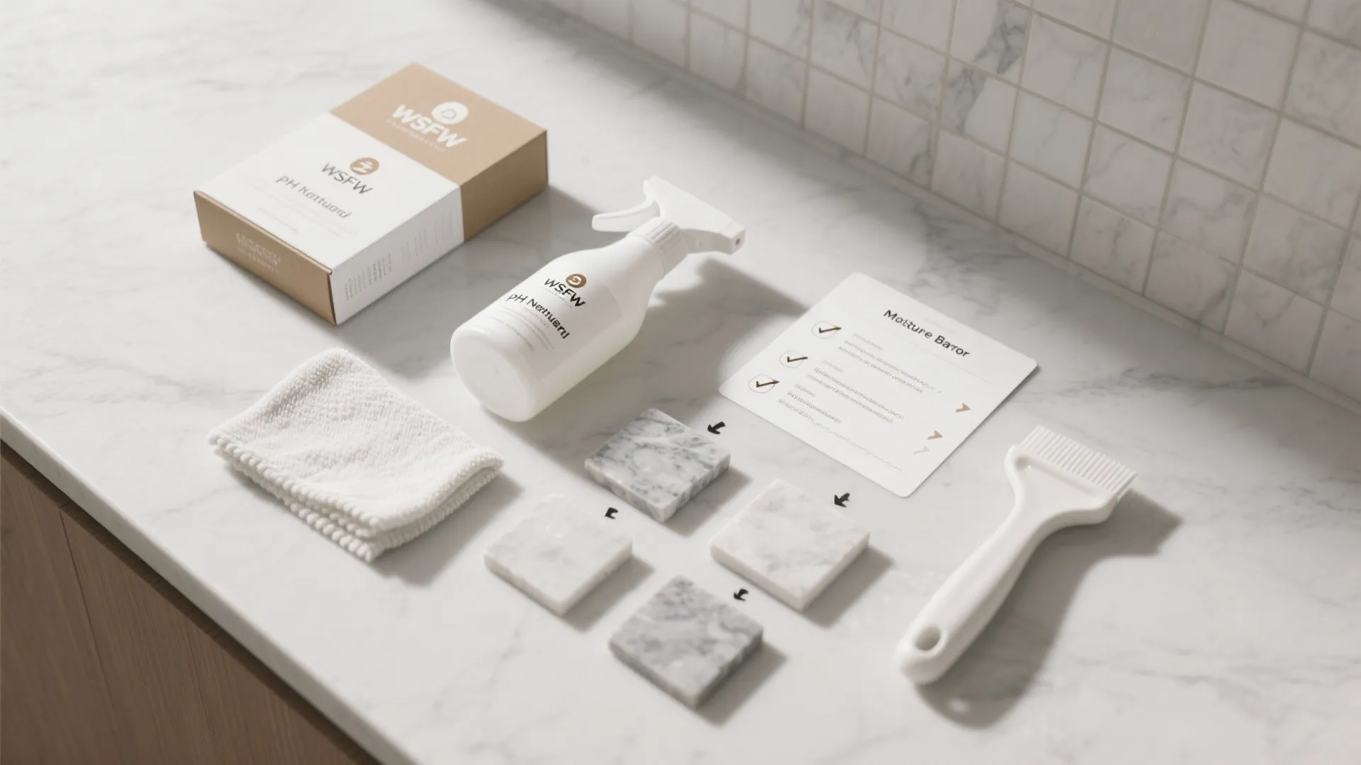 Cleaning kit with spray bottle cloth brush and marble samples for stone floor care and maintenance
