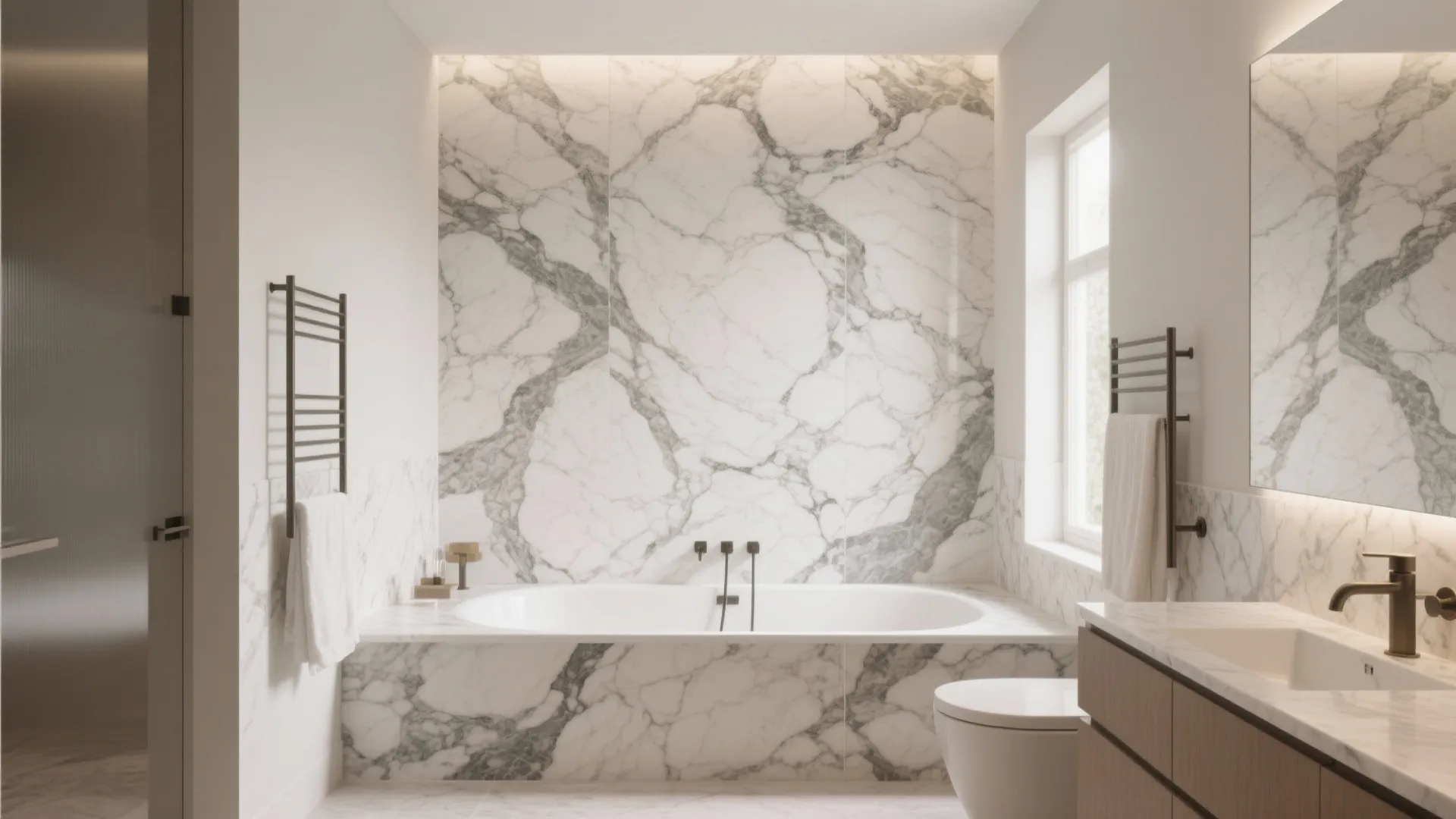 Bathroom with marble feature wall behind bathtub