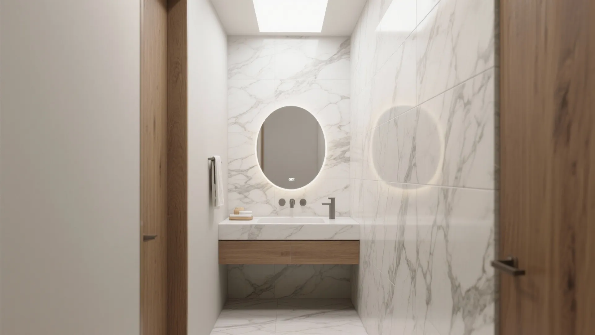 Vanity wall with book-matched full-height white marble slabs and round mirror in a small bathroom.