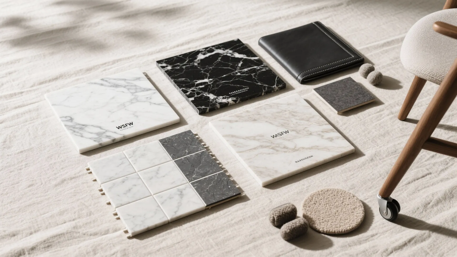 Collection of interior design material samples including marble tiles leather fabric and small grey stones