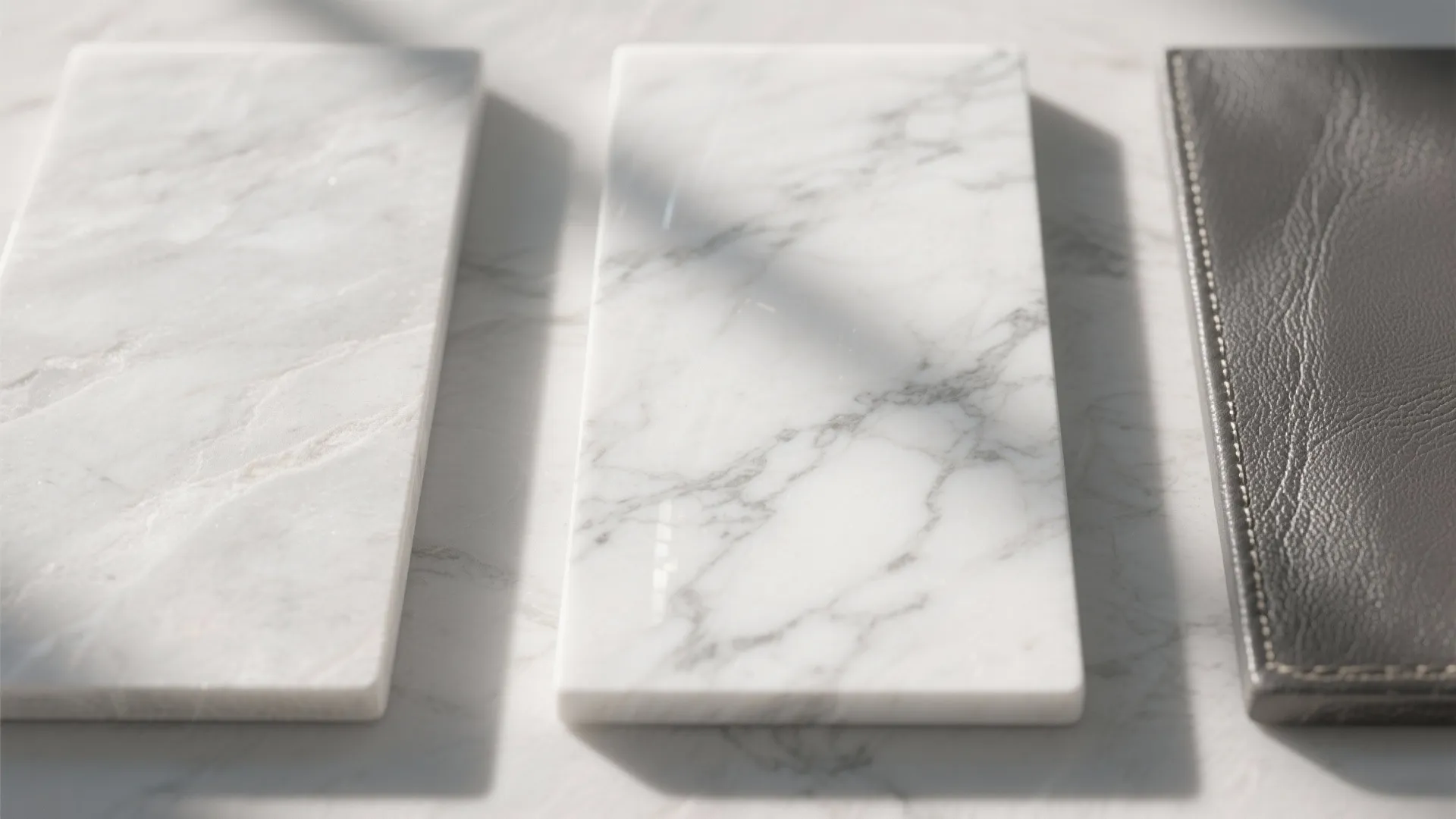 Three material samples including two white marble tiles and one dark grey leather fabric piece