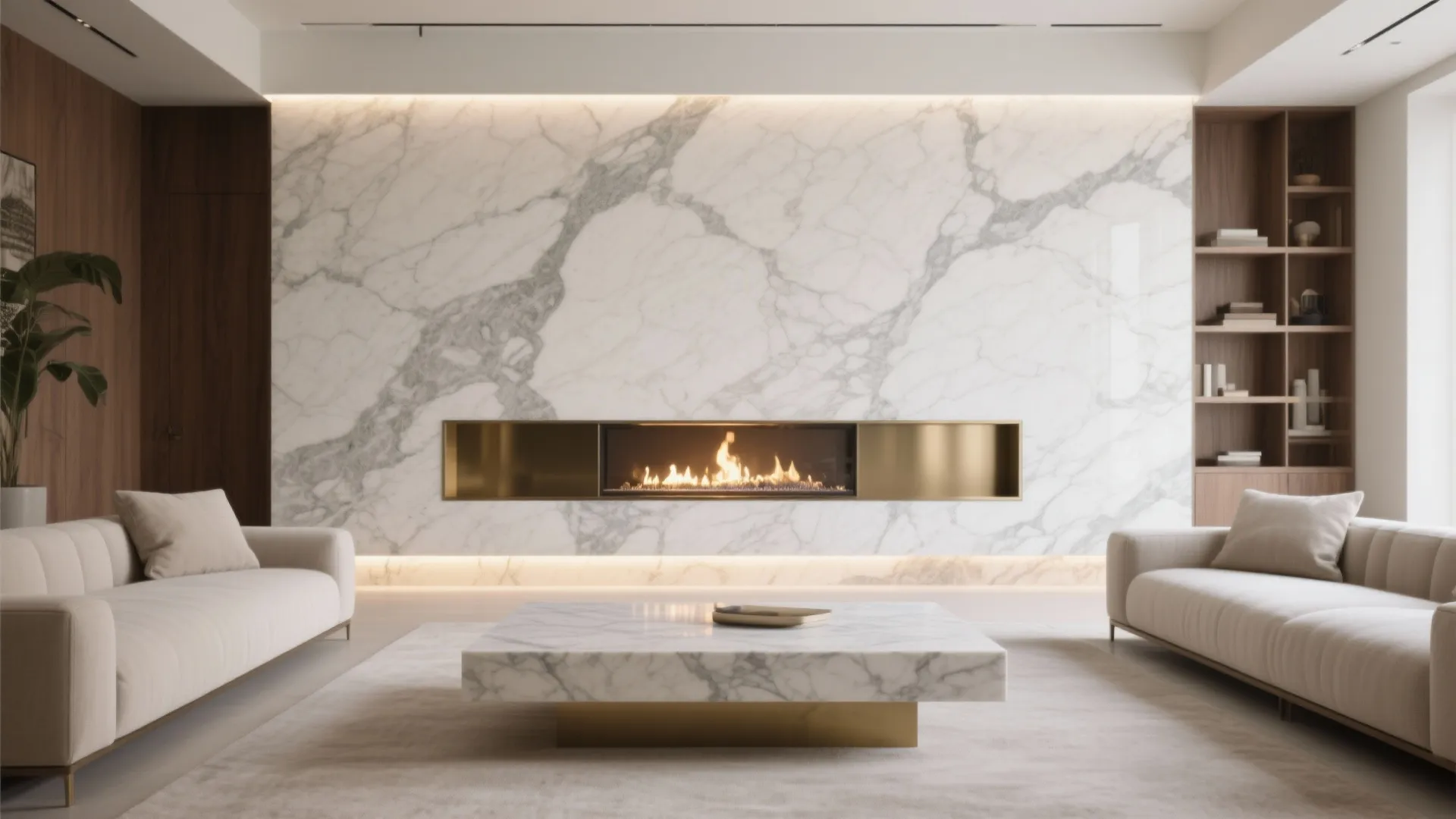 Luxurious living room with marble fireplace wall two beige sofas and marble coffee table with rug