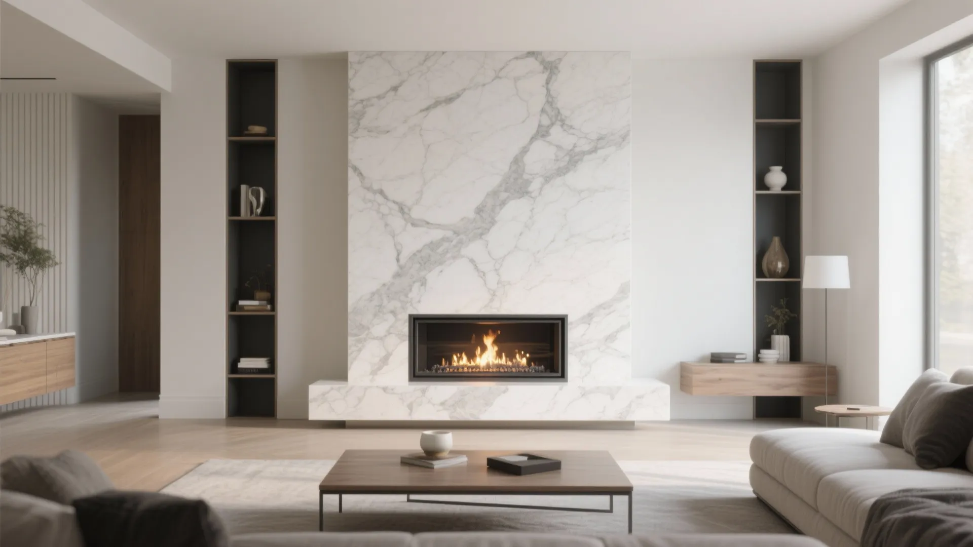 Fireplace-Centric Marble Wall (or Porcelain Lookalike)
