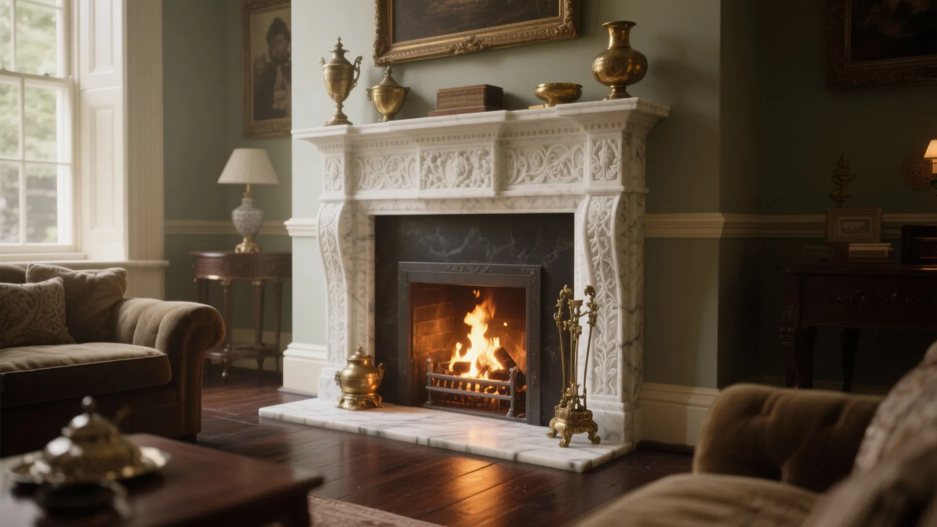 Classic interior with white marble fireplace burning logs gold decorations brown sofa and green walls