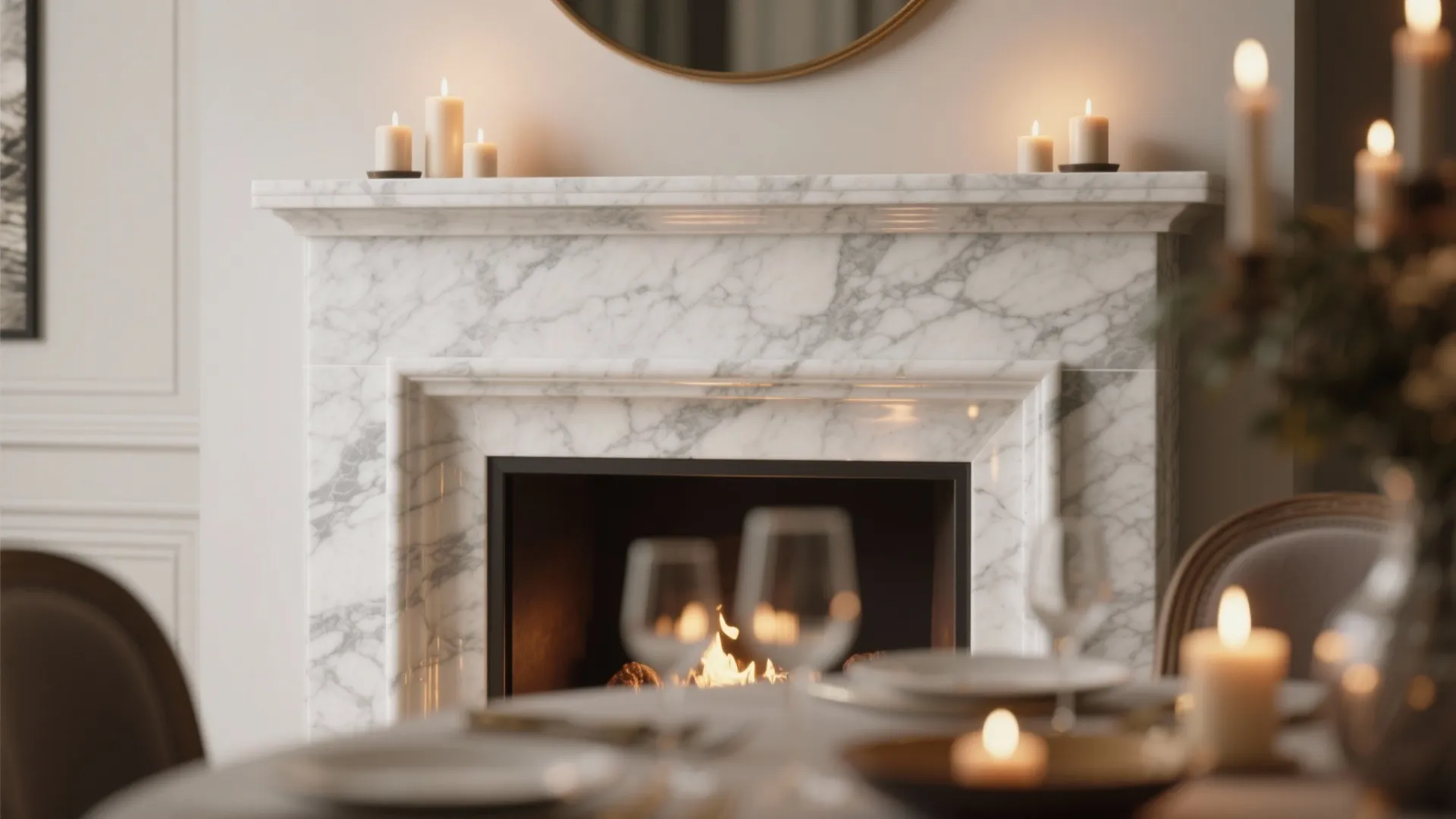 Close view of white marble fireplace with fire, candles on mantel, and dining table in foreground