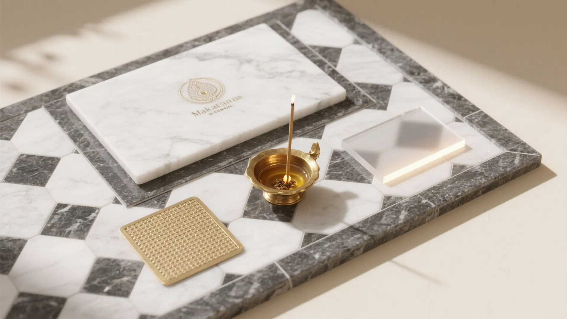 White marble altar with stone flooring for oil-friendly rituals