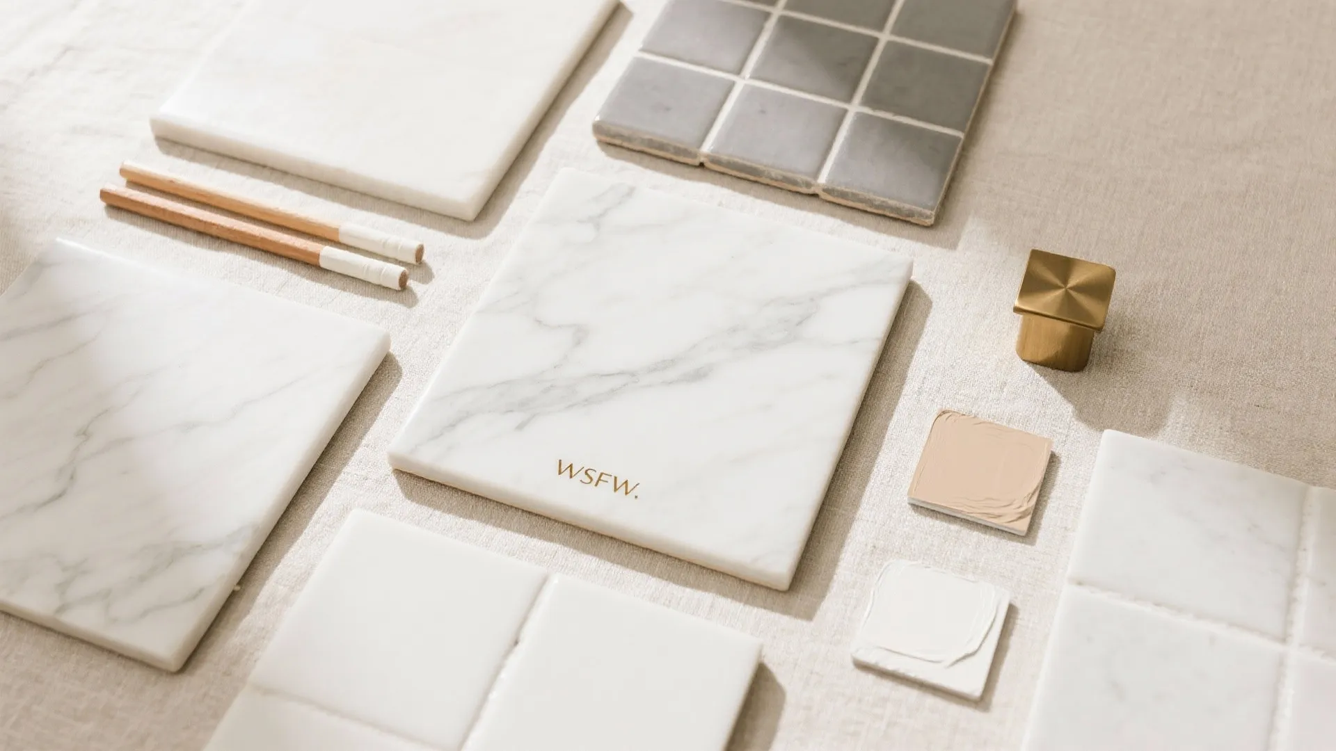Flat lay of marble-look digital tile samples, satin and honed swatches, grout sticks, paint chips, and a brass finish sample in warm neutrals.