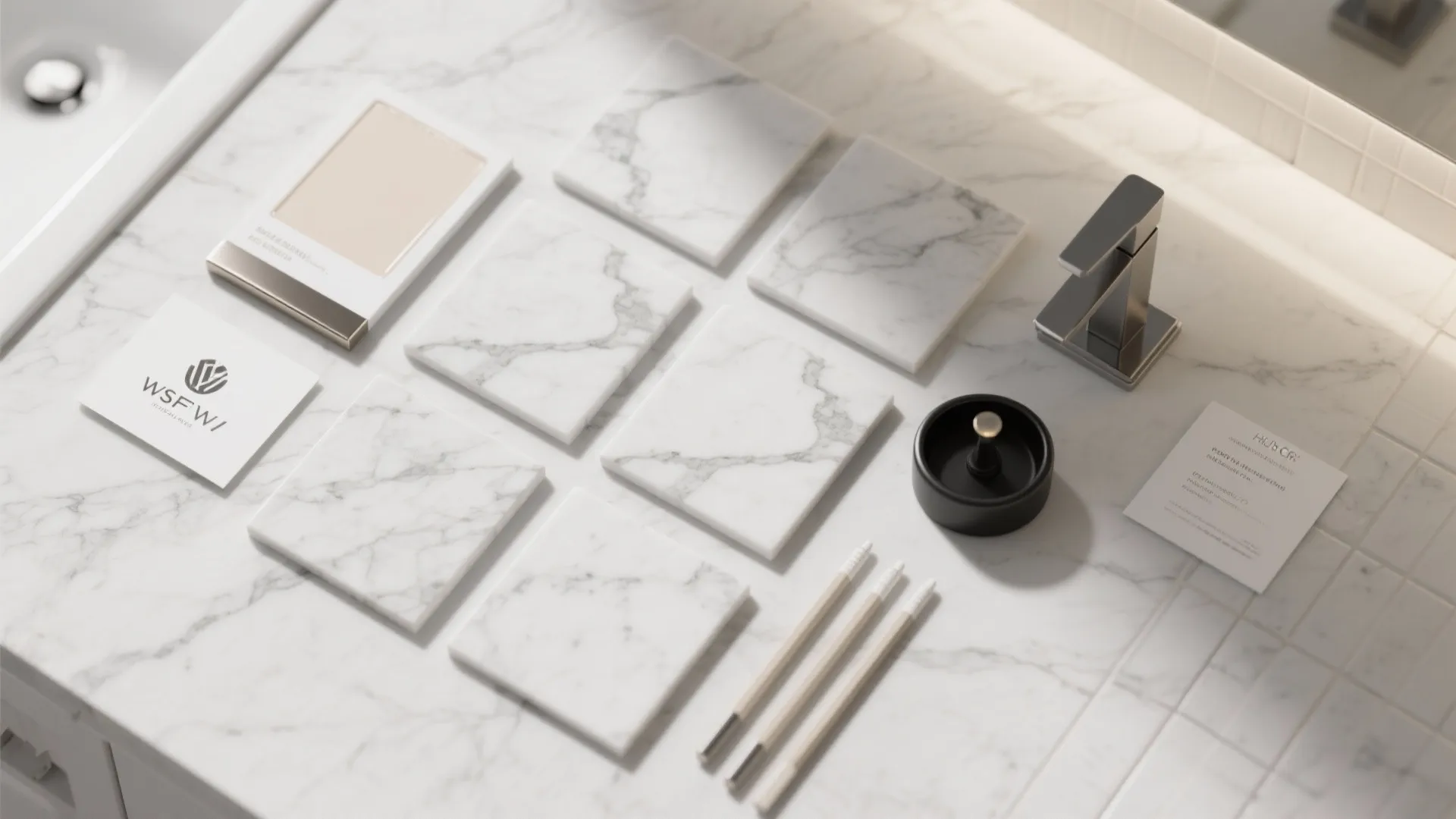 Flat lay with marble-look porcelain samples, warm white paint, trims, and grout options.