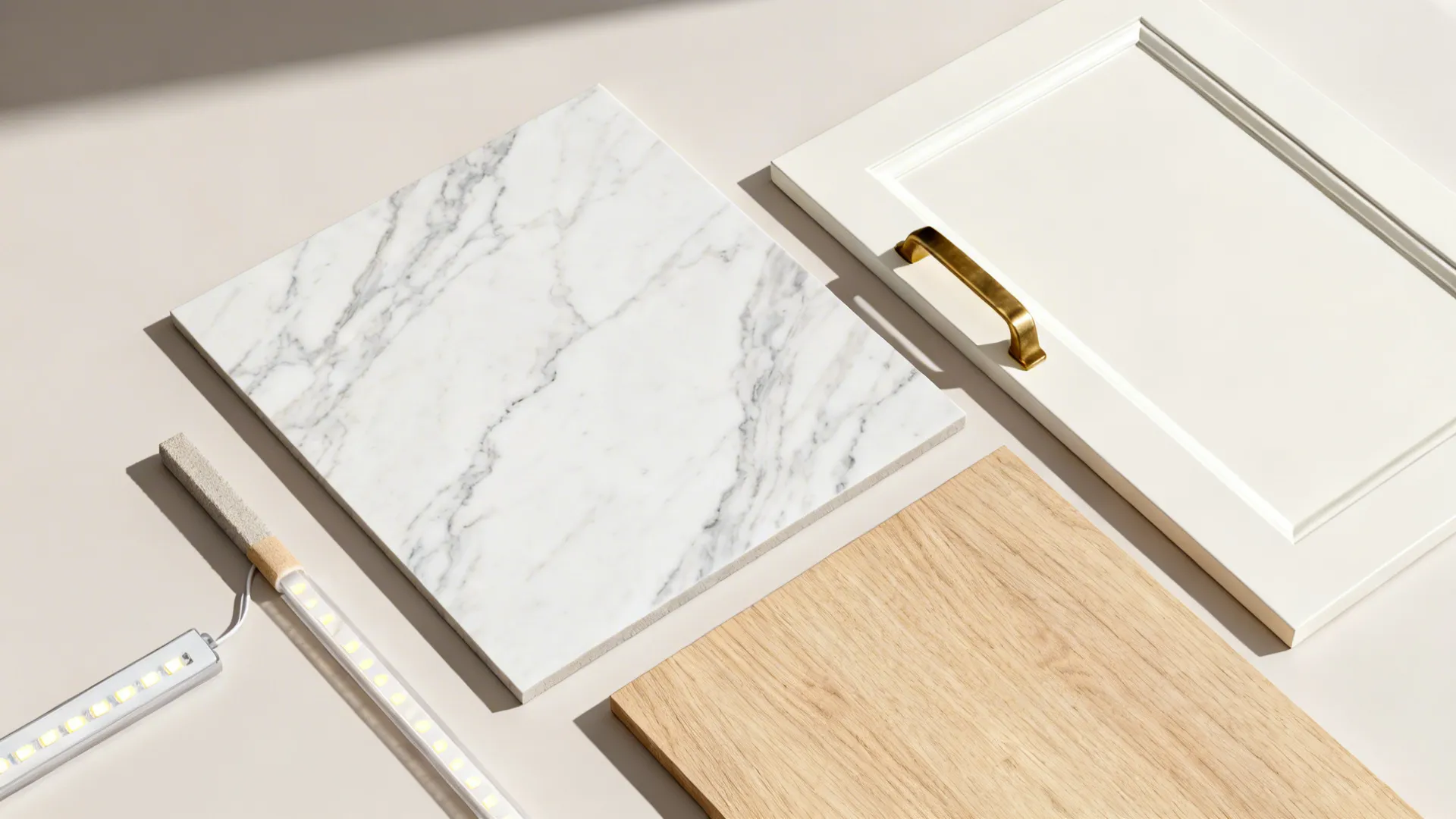 Top-down material board with Calacatta-look porcelain, white cabinet sample, brass handle, and oak veneer.