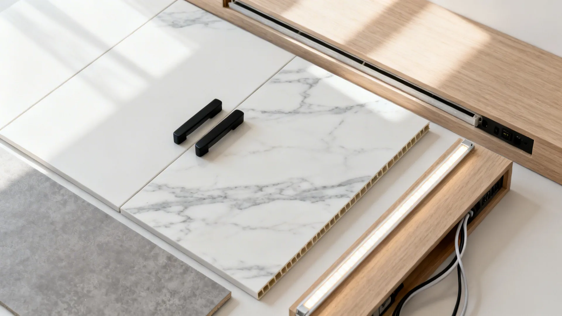 Top-down materials: faux Calacatta PVC, light oak, matte black hardware, LED strip.