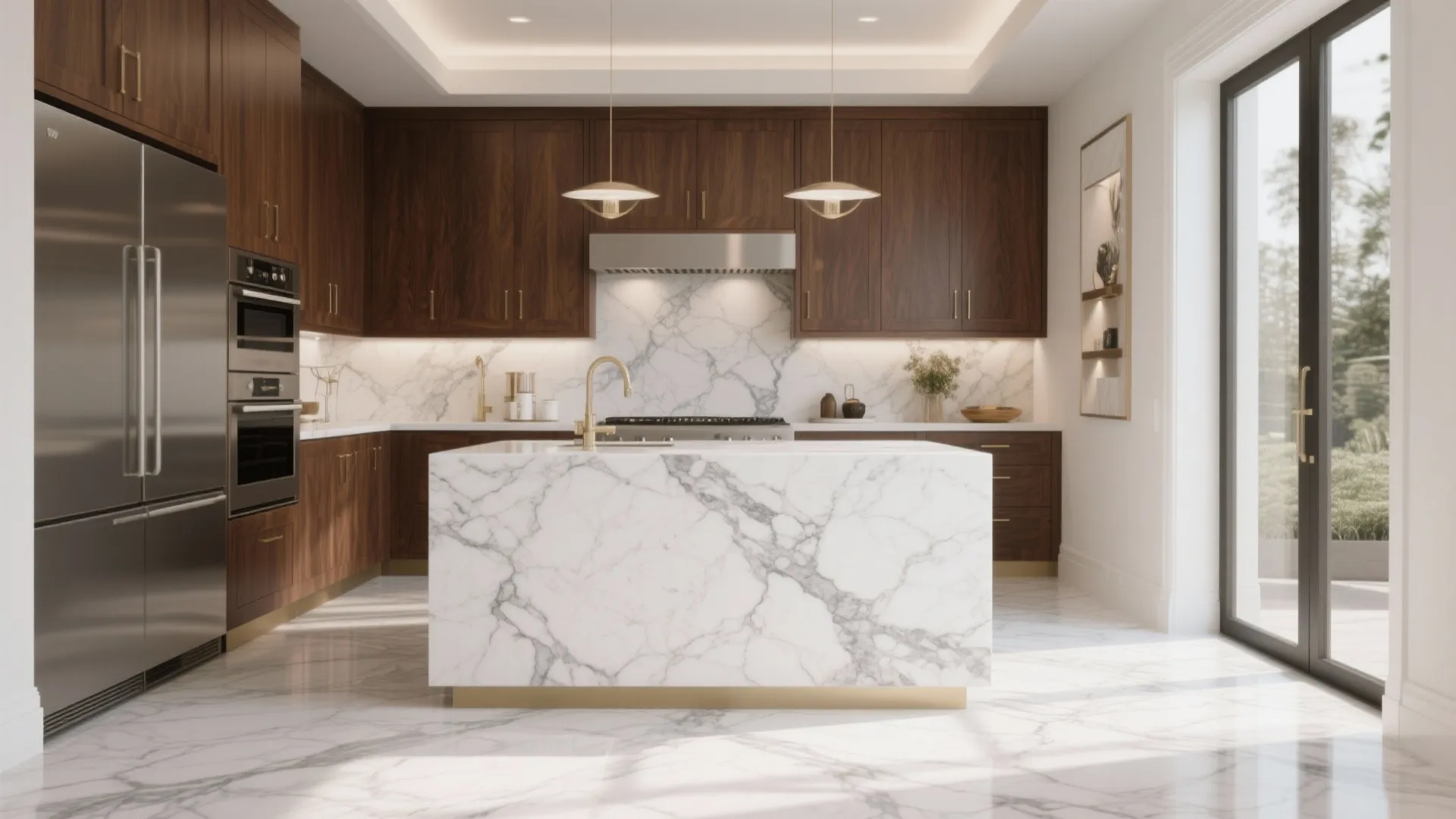 Luxury kitchen featuring marble floor island with dark wood cabinets and two gold ceiling lights
