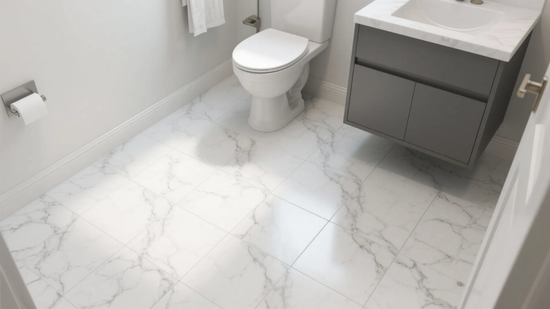 Bright bathroom with white marble floor tiles plus a white toilet and grey floating cabinet