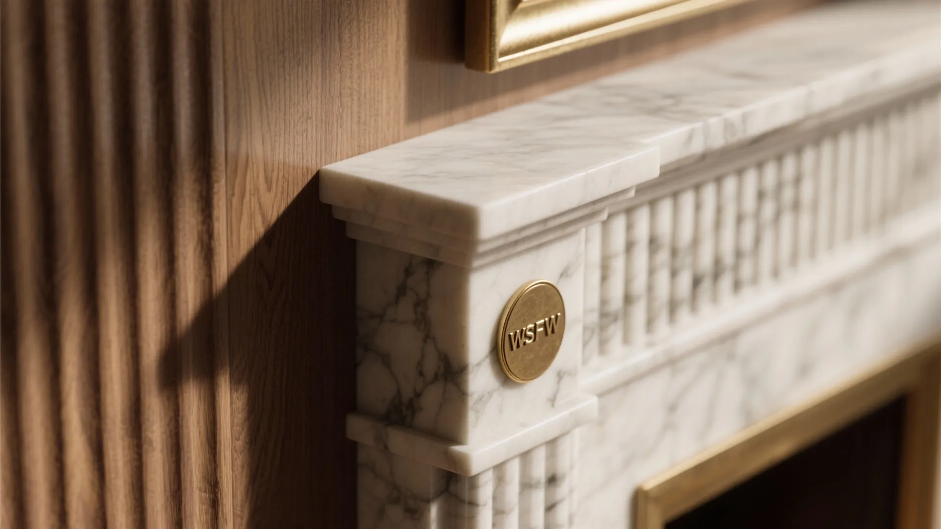 Close up of white marble fireplace with carved details and gold medal next to wood
