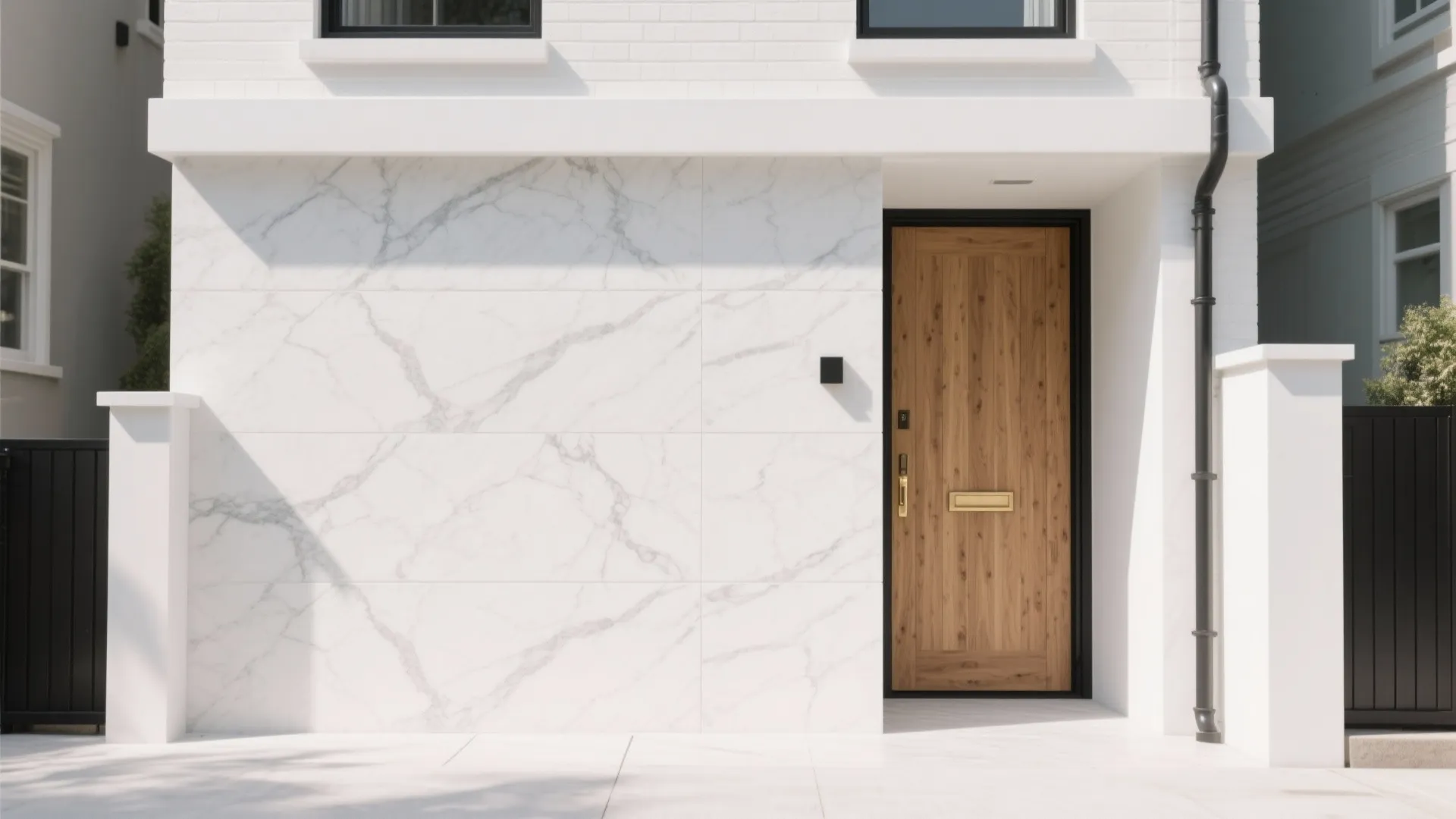 Modern house entrance with white marble wall panels and wooden front door under the bright sunlight